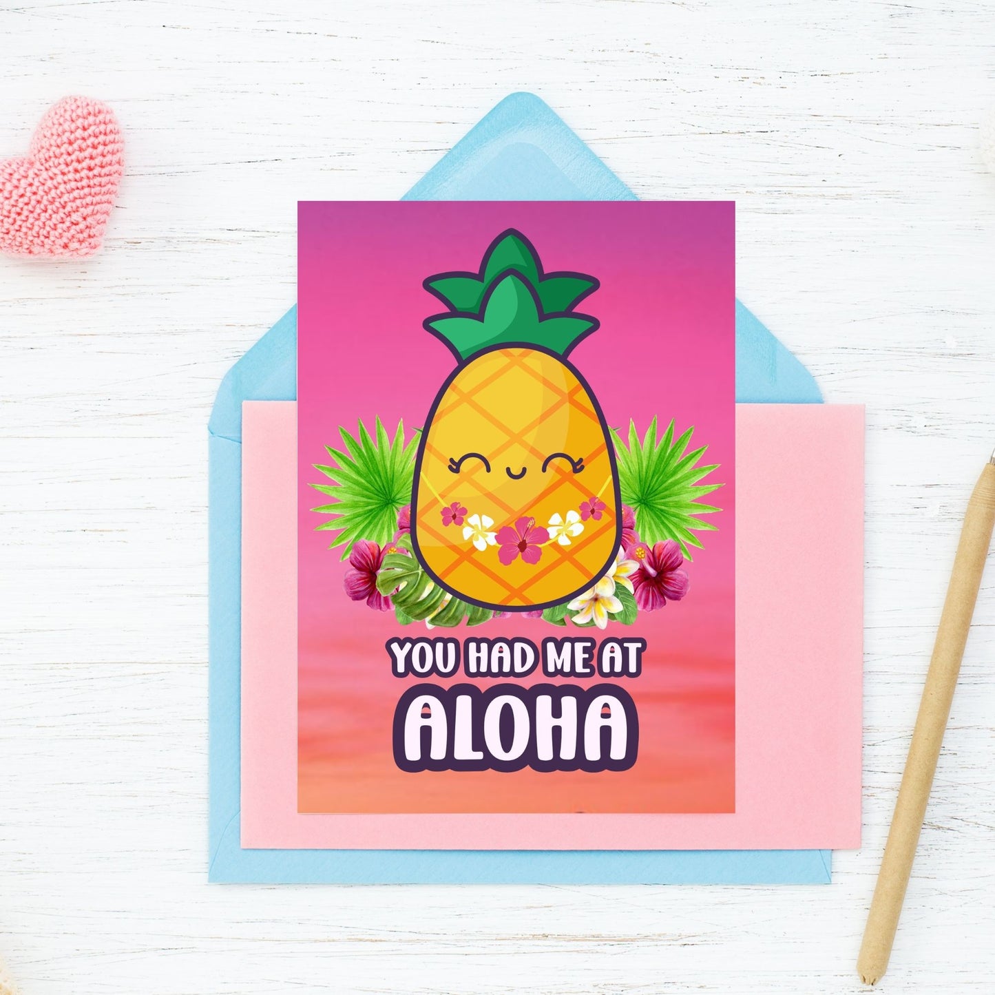 Printable Valentineās Day Greeting Card featuring the phrase āYou Had Me at Alohaā with a tropical theme. Designed as a 5x7 PDF on an 8.5 x 11 sheet with two cards per page. A fun and sunny Valentineās card for loved ones.