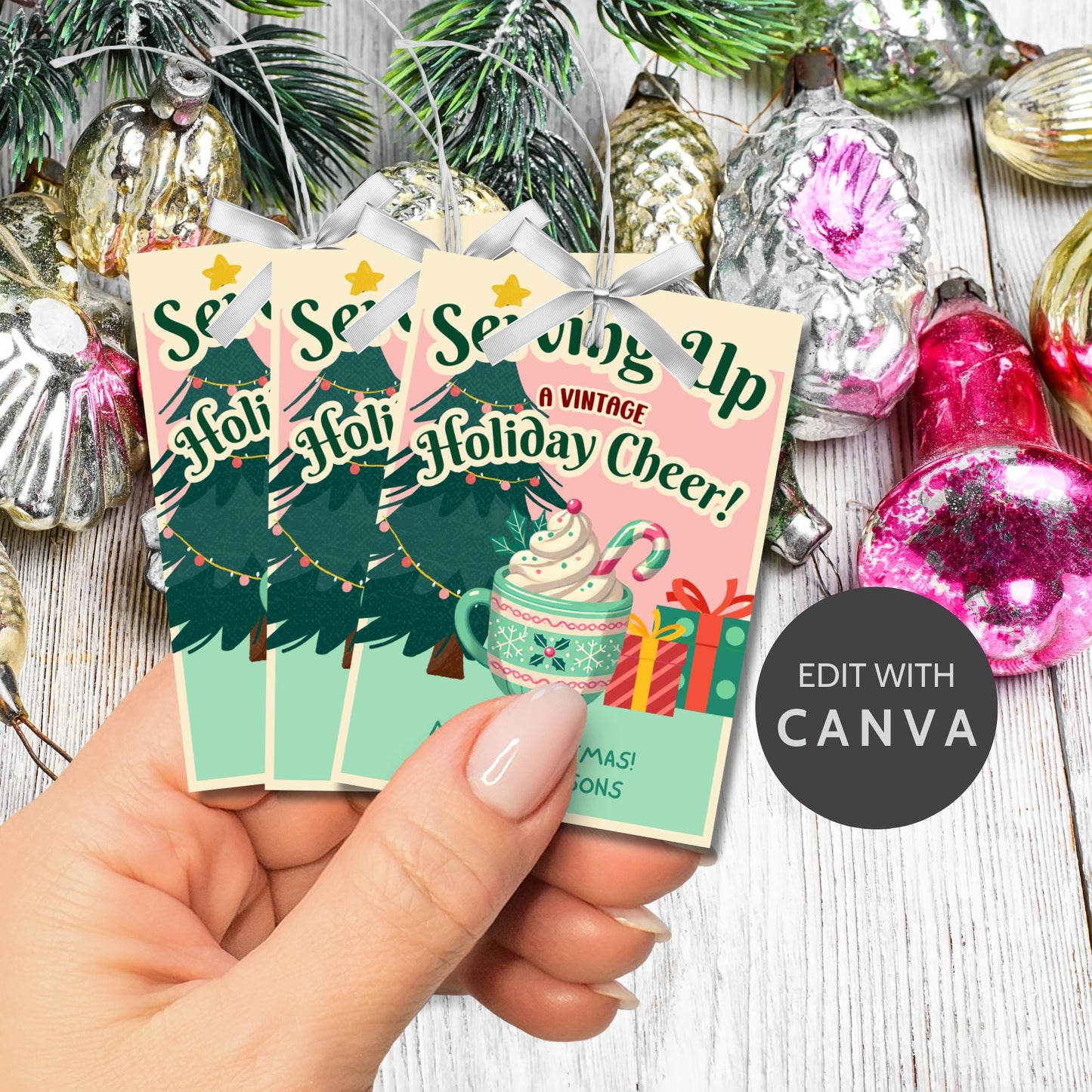 Retro-inspired Christmas gift tags featuring a cozy mug of whipped cream with a candy cane, a Christmas tree, and presents, paired with the message "Serving Up a Vintage Holiday Cheer!" These printable and editable tags add a charming, nostalgic touch to holiday gifts.