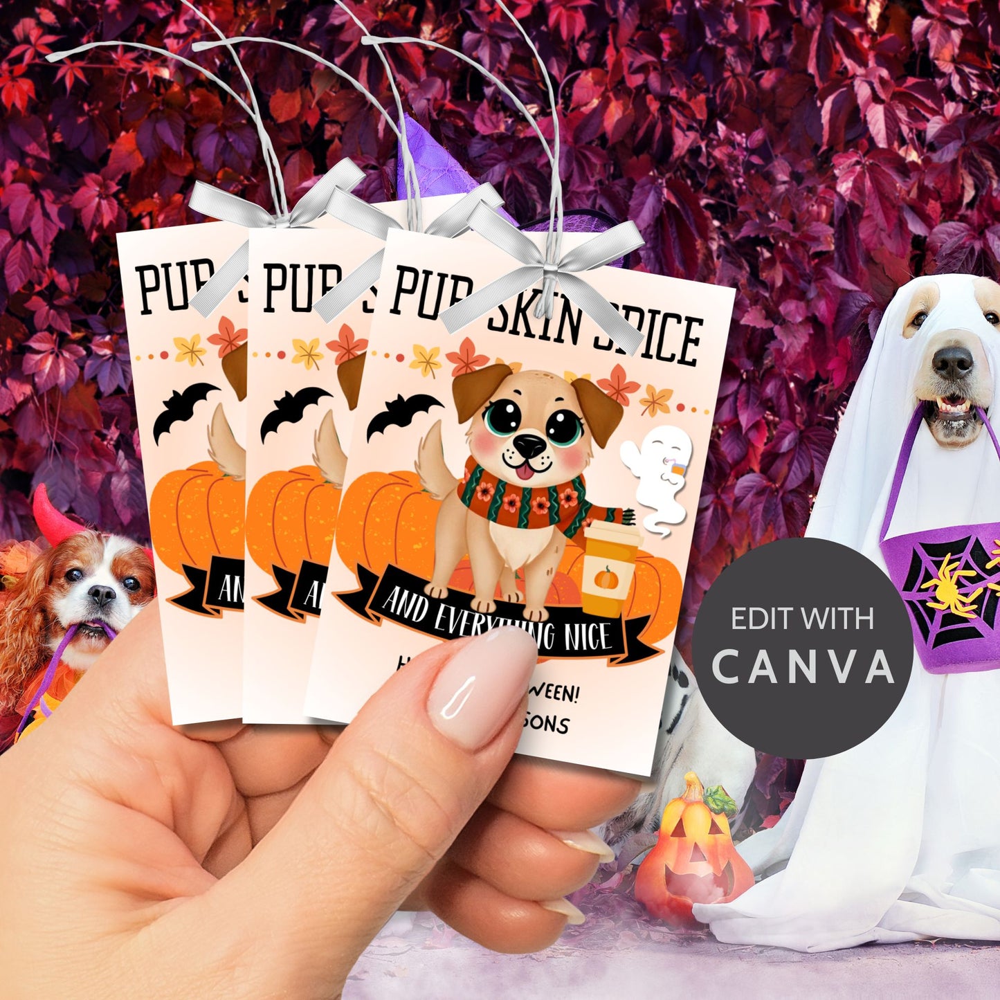 Cute Halloween-themed gift tags featuring a dog with a pumpkin spice latte, surrounded by pumpkins, ghosts, and bats. The tags have the message "Pup-Skin Spice and Everything Nice" and are 2.5 x 3.5 inches, laid out 8 per sheet on an 8.5 x 11-inch page. Includes a printable PDF and a link to an editable Canva template.