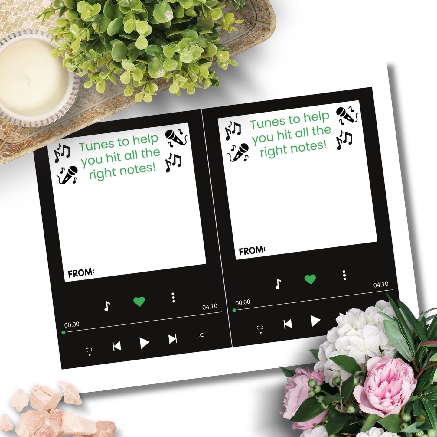 Printable music streaming gift card holders for students and anyone, 5x7 inches, laid out on an 8.5 x 11 inch sheet, with a rhythmic "Tunes to Help You Hit All the Right Notes" message.