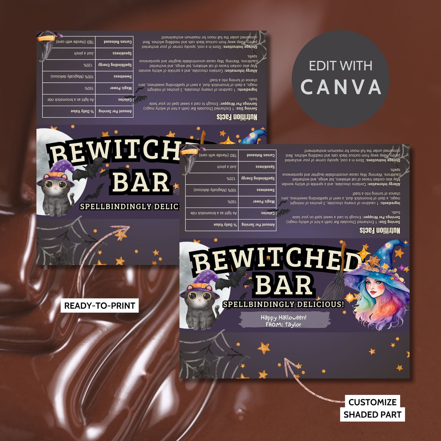 Printable and editable witch and cat-themed Halloween chocolate bar wrapper featuring a colorful witch and black cat, perfect for Halloween treats and parties.