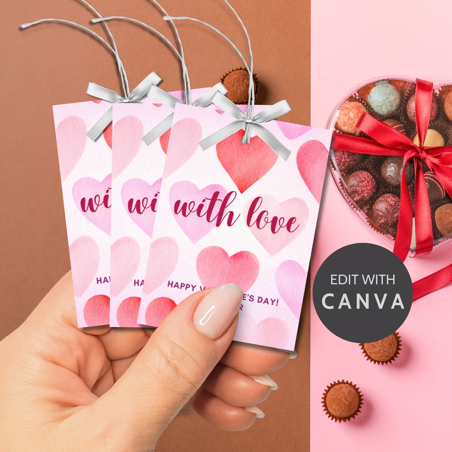 Elegant printable and editable Valentine’s Day gift tags with watercolor heart designs and the message "With Love." Perfect for pairing with See’s Candies chocolates or any Valentine’s gift.