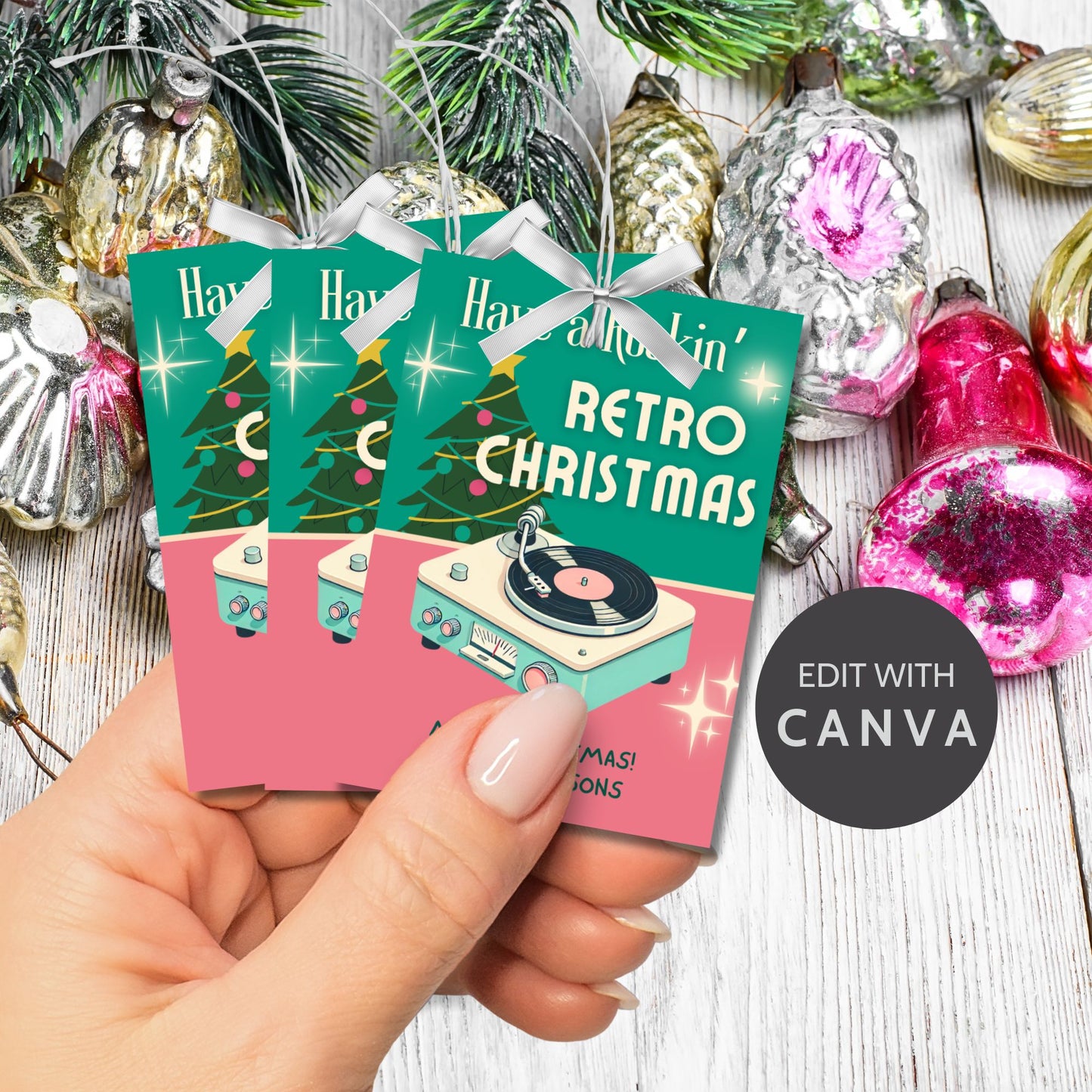 Retro Christmas gift tags featuring a vintage record player and festive Christmas tree, with the text "Have a Rockin' Retro Christmas." Editable and printable tags to add a nostalgic touch to holiday gifts.