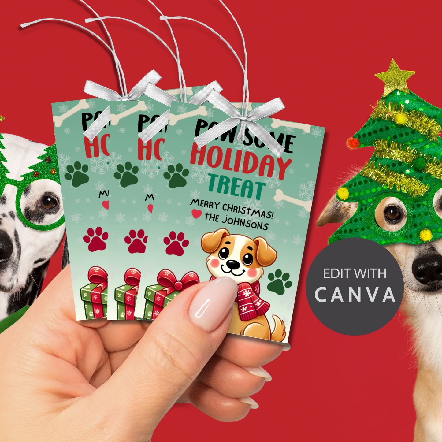 Christmas gift tags featuring an adorable puppy with a scarf and holiday gifts, paired with the message "Paw-some Holiday Treat." These printable and editable tags are perfect for adding a playful touch to holiday gifts for pet lovers.