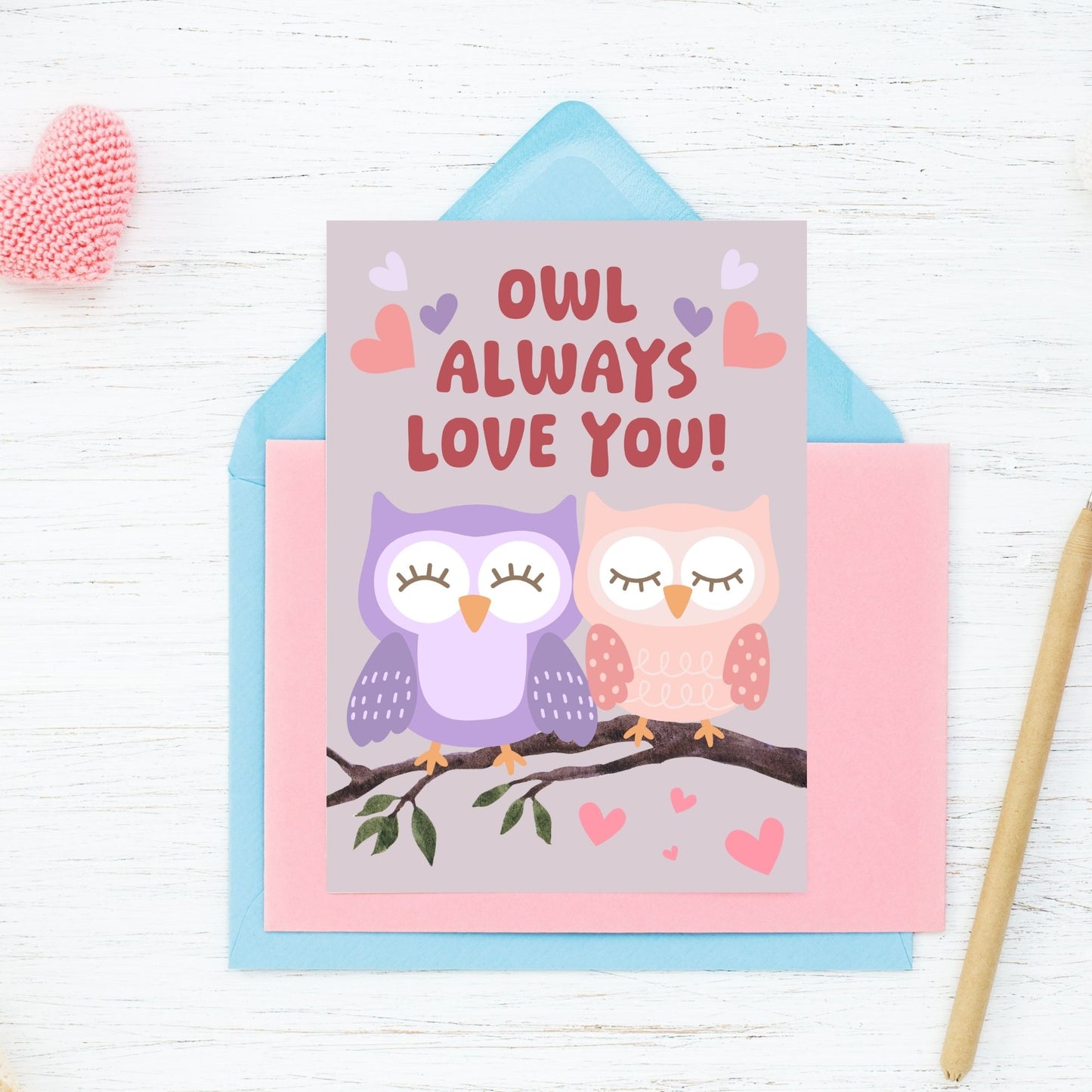 Printable Valentine’s Day Greeting Card featuring the pun “Owl Always Love You.” Designed as a 5x7 PDF on an 8.5 x 11 sheet with two cards per page. A cute and fun Valentine’s card for owl lovers and friends.