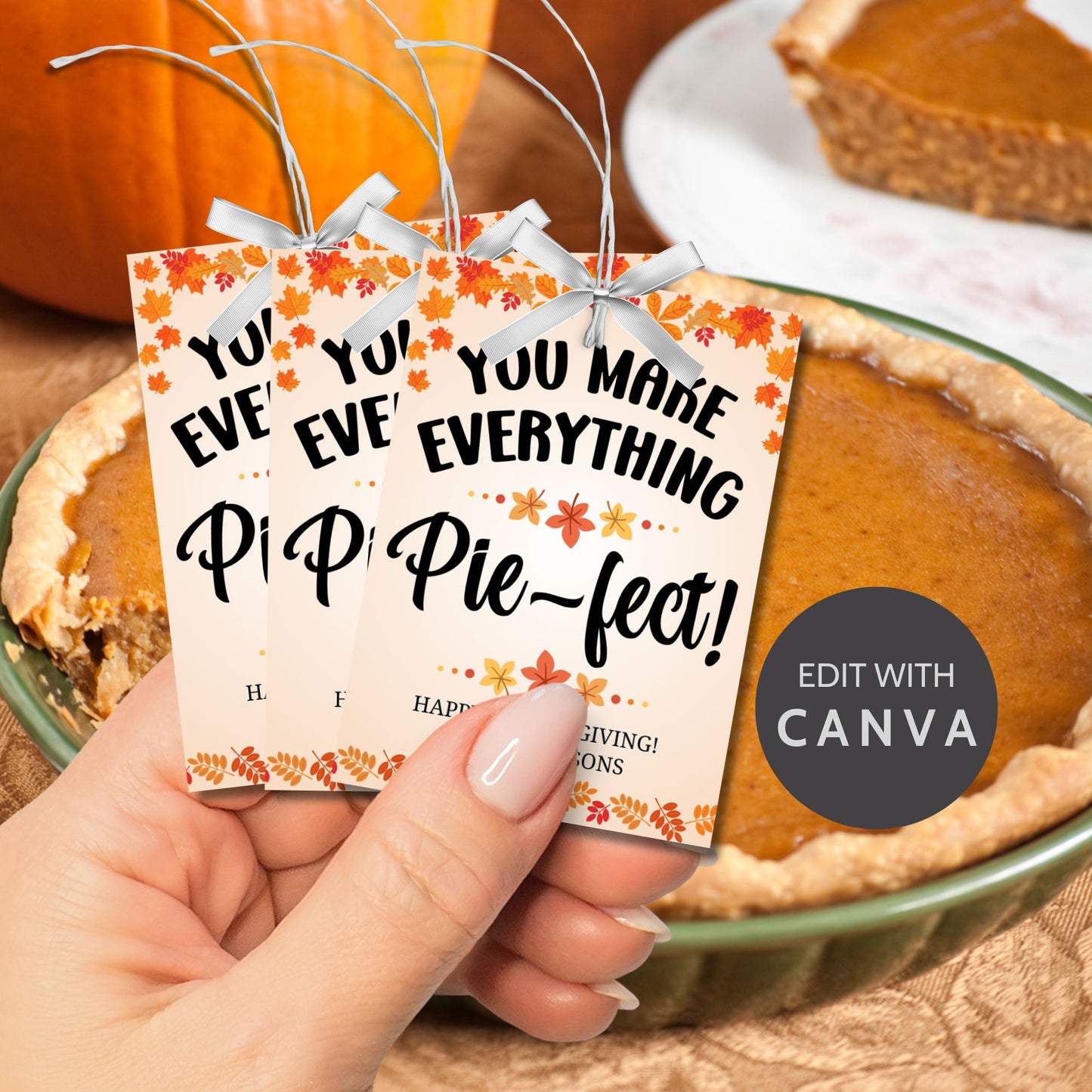 Printable Thanksgiving gift tags with the message 'You Make Everything Pie-fect!' surrounded by festive autumn leaves. Perfect for holiday gifts, featuring customizable To/From sections.