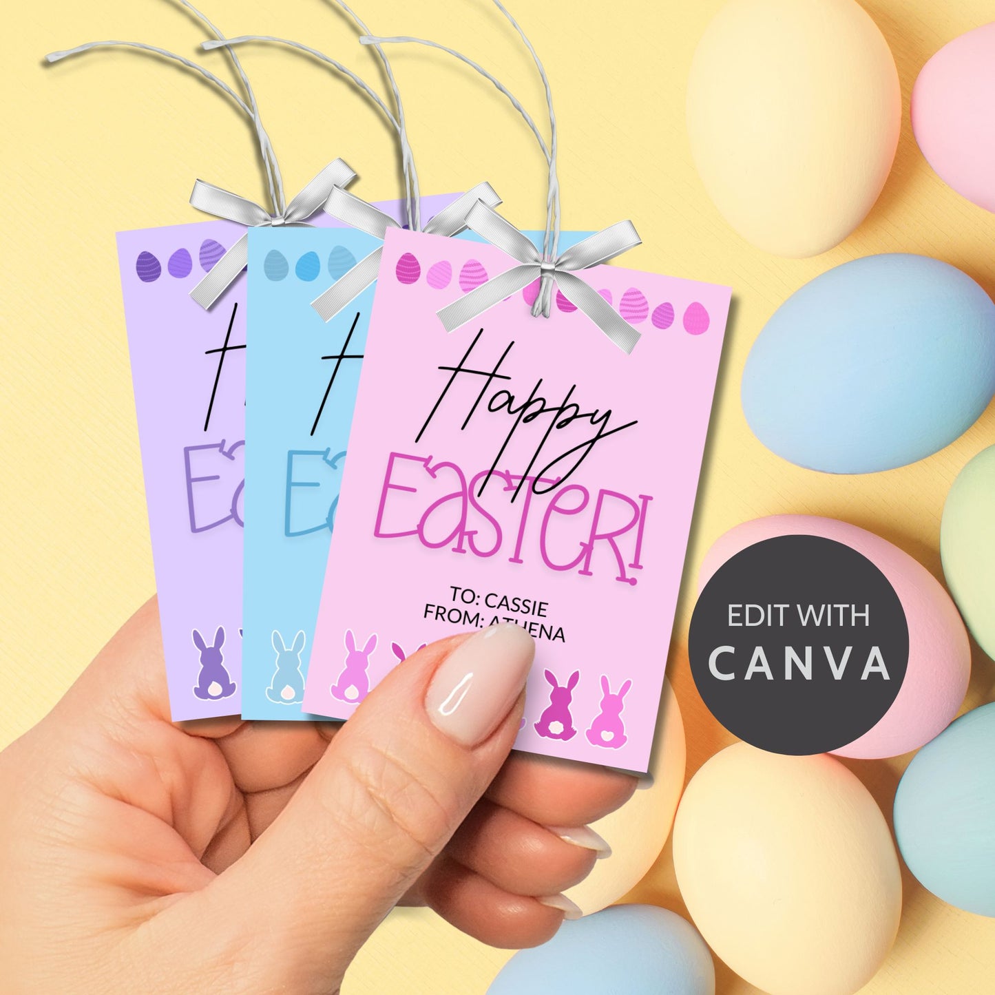Collection of Happy Easter gift tags in soft pastel colors, featuring playful Easter egg and bunny designs, perfect for personalizing your festive gifts.