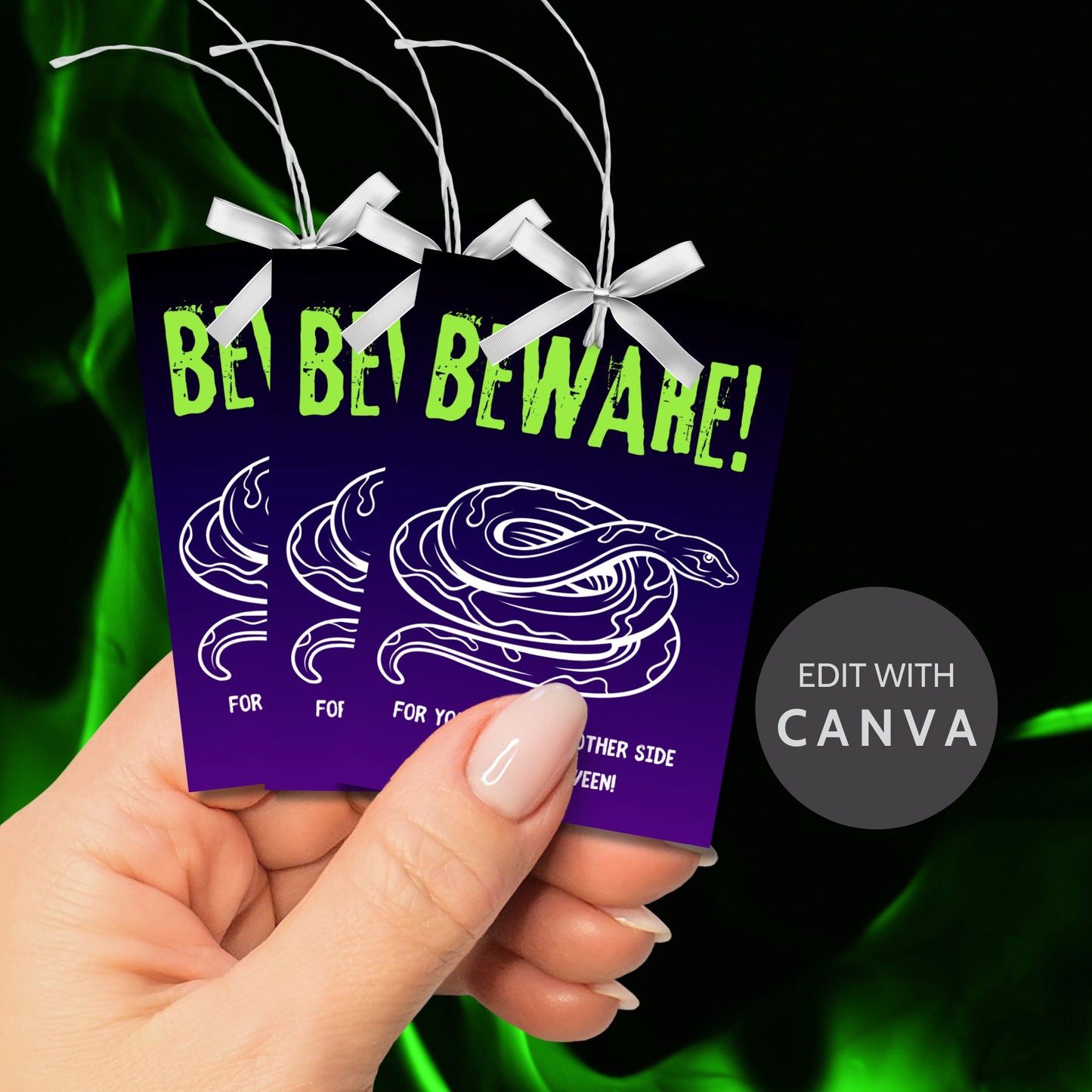 Halloween gift tag design with a Beetlejuice theme featuring a bold "Beware!" warning in green, accompanied by a white snake illustration on a purple background. The tag size is 2.5 x 3.5 inches, laid out 8 per sheet for easy printing, perfect for adding a spooky touch to Halloween gifts.
