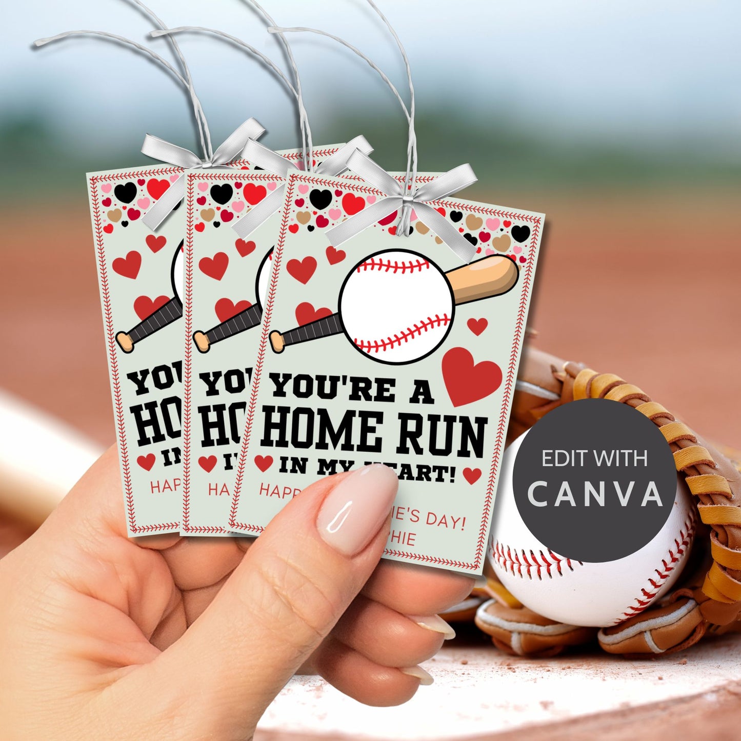 Printable and editable baseball-themed Valentine’s Day gift tags with the message "You’re a Home Run in My Heart." Features a baseball bat, ball, and hearts, perfect for teammates, coaches, and sports lovers.