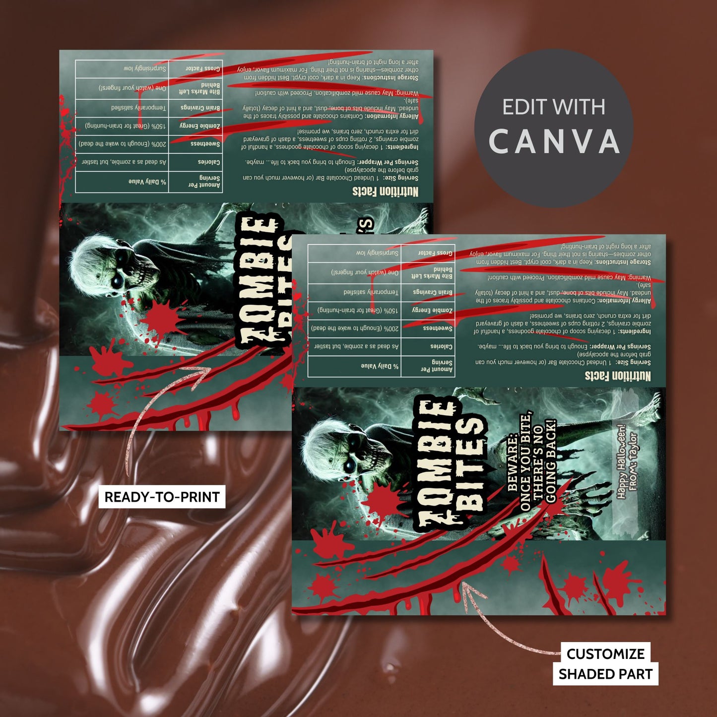 Printable and editable zombie-themed Halloween chocolate bar wrapper featuring a scary zombie design, perfect for trick-or-treat and spooky parties.