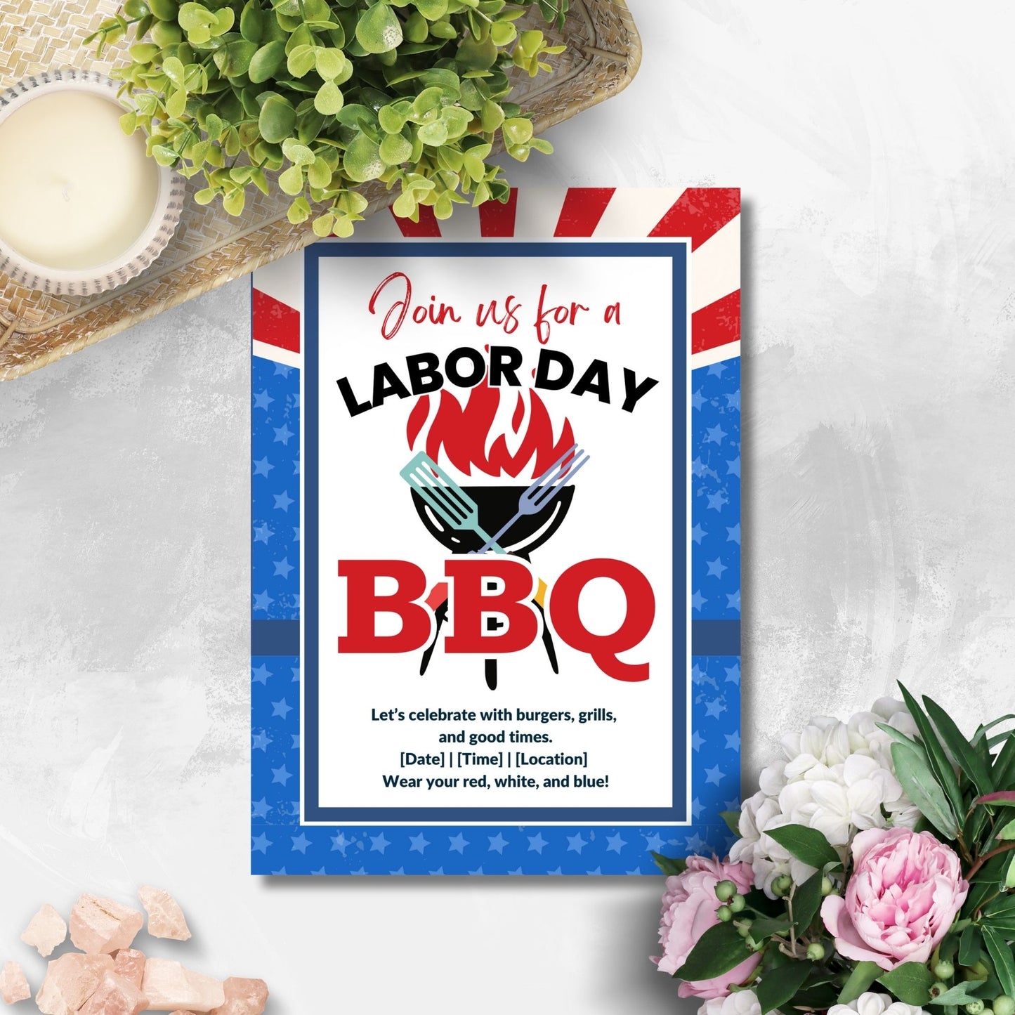 Patriotic-themed Labor Day BBQ invitation with red, white, and blue design, featuring grilling utensils and a bold BBQ title.