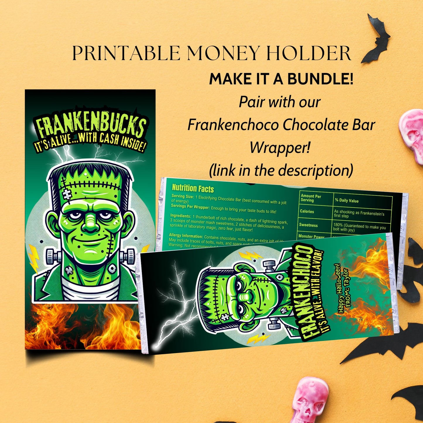 Halloween-themed printable money holder with Frankenstein design on a yellow background.