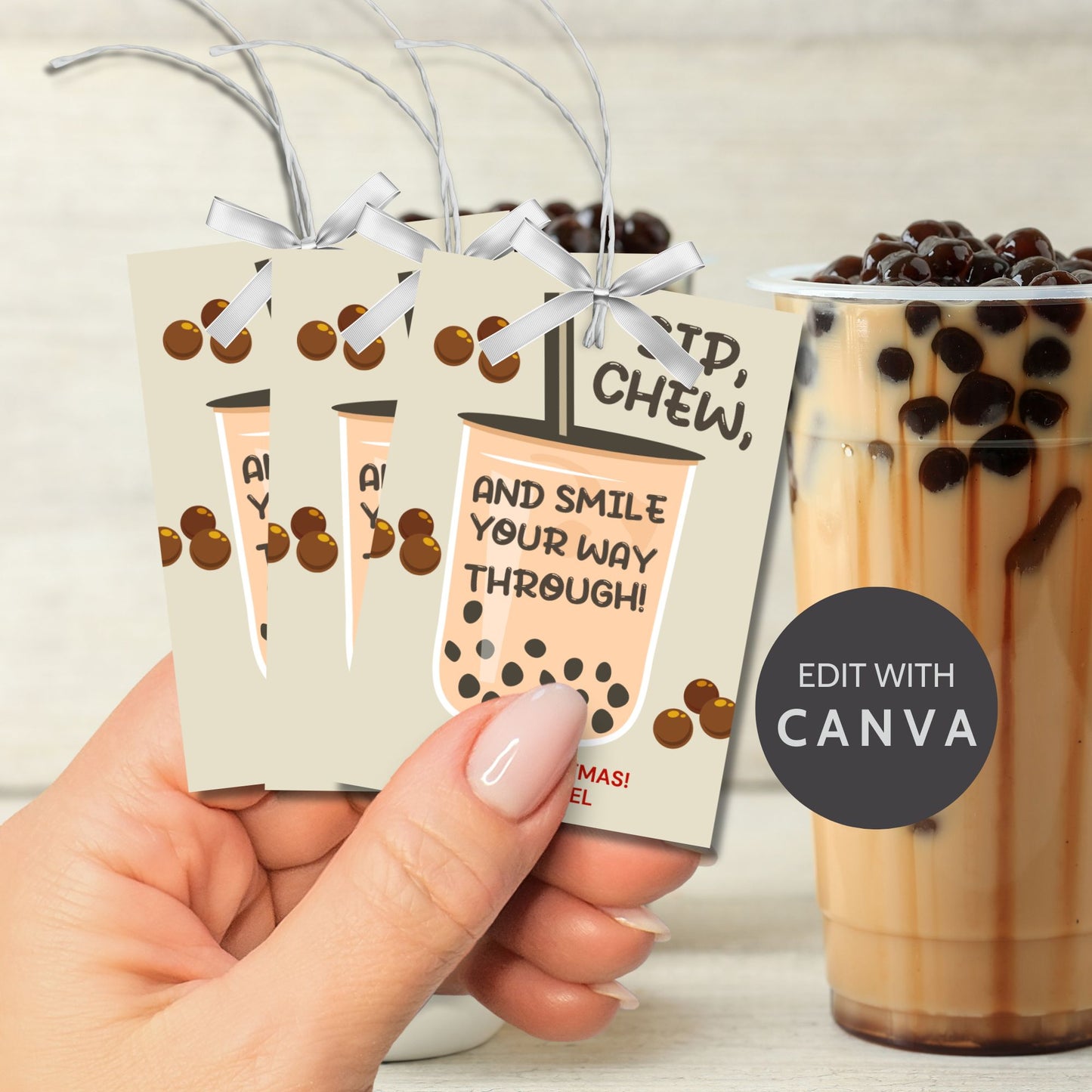 A cute and bubbly gift tag featuring a boba tea cup with the message: "Sip, Chew, and Smile Your Way Through!" Perfect for boba-themed gifts.