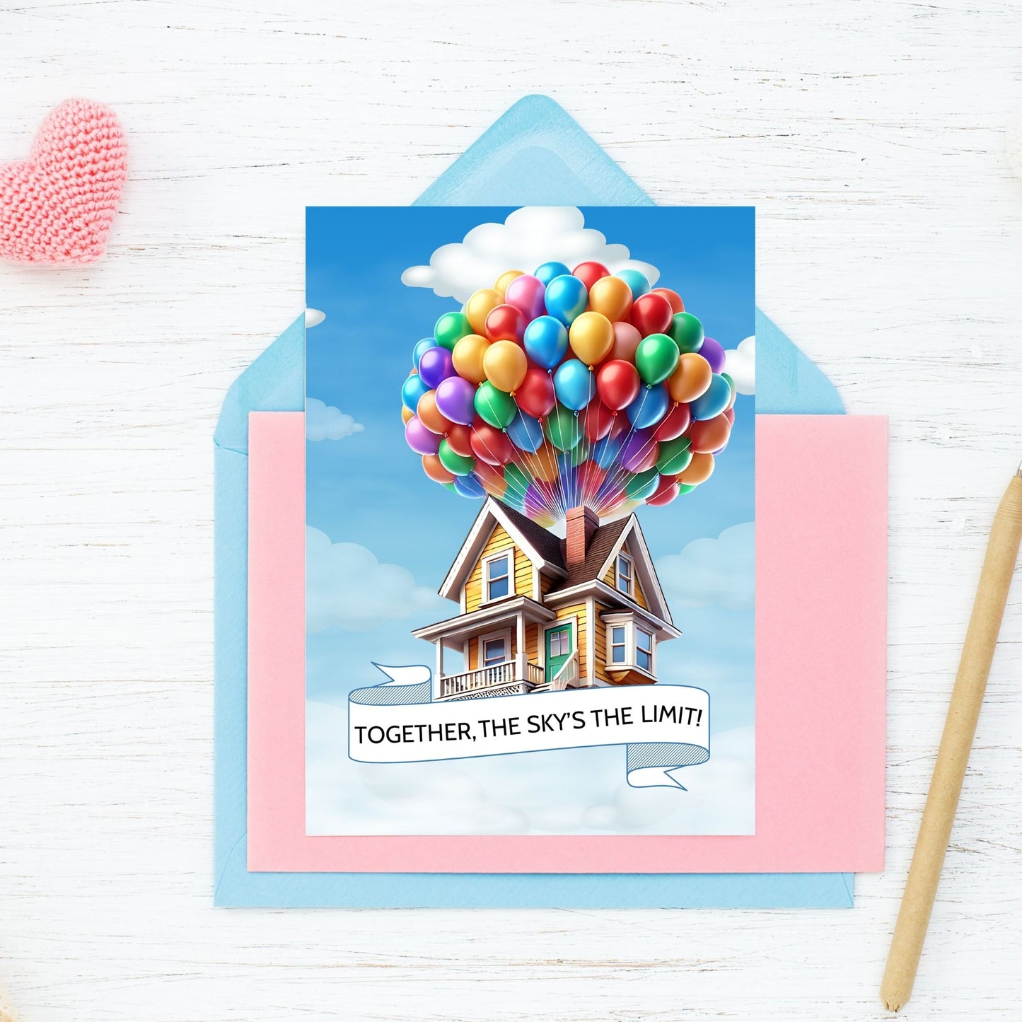 Up movie-inspired printable Valentine’s Day Greeting Card featuring the pun “Together the Sky’s the Limit,” designed as a 5x7 PDF on an 8.5 x 11 sheet with two cards per page. Perfect for gifting to someone special.