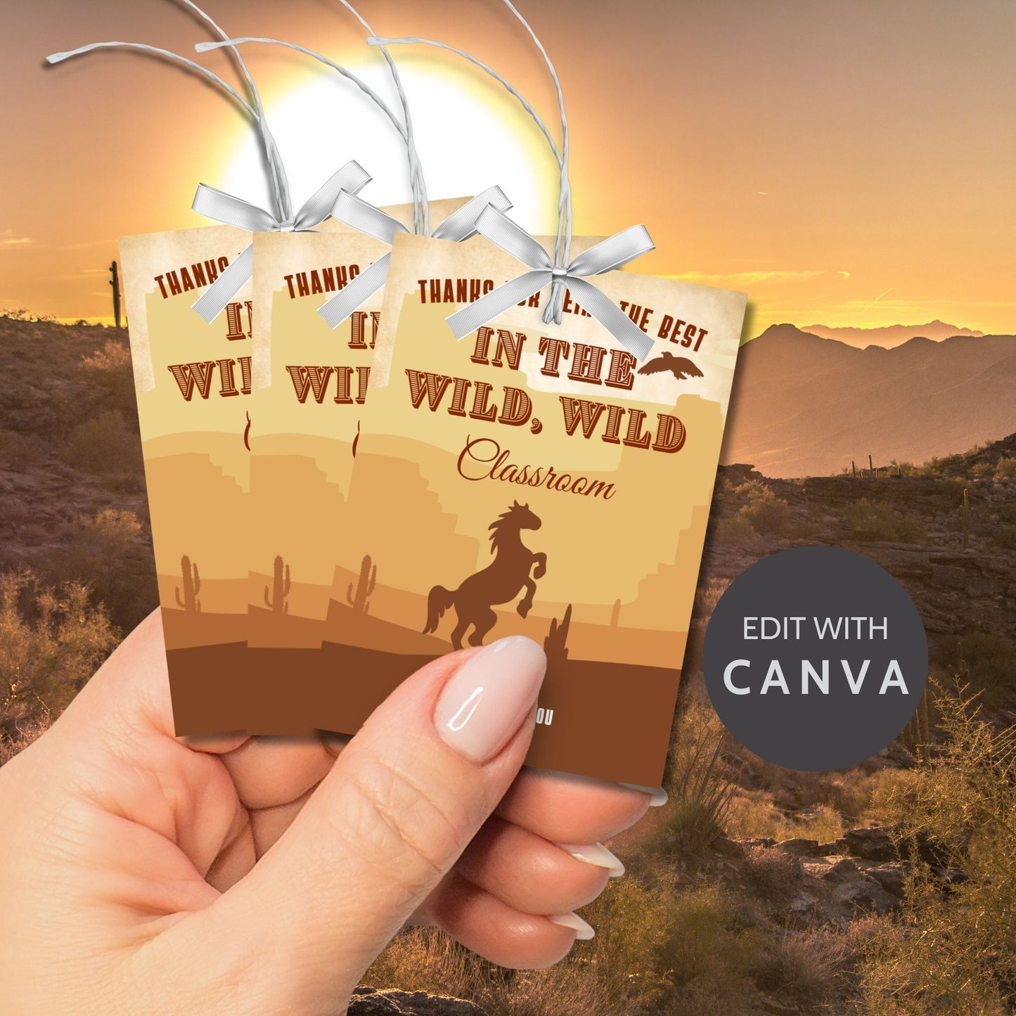 Western-themed teacher appreciation gift tags, sized 2.5 x 3.5 inches, with cowboy hat, boots, and lasso designs, laid out 8 per sheet on an 8.5 x 11-inch printable page. Includes editable Canva template for personalization.