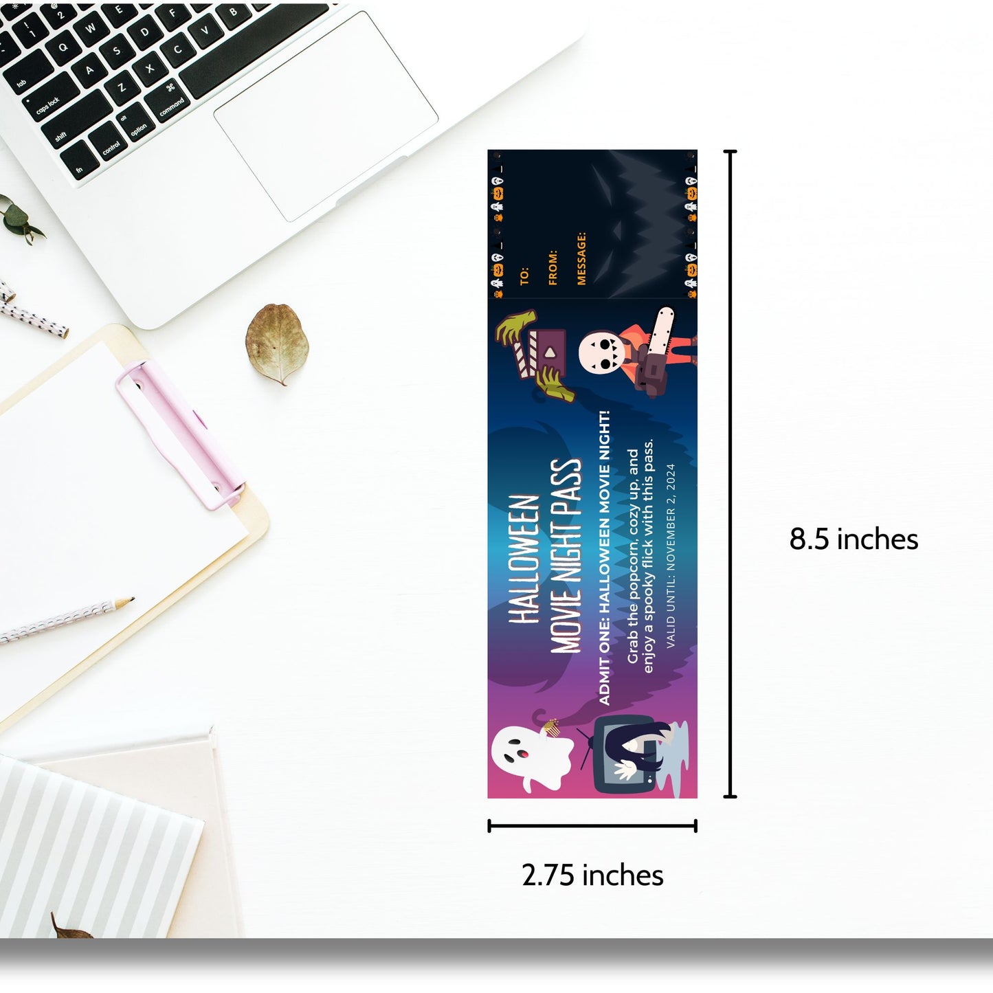 Halloween-themed voucher/gift certificate for a movie night, featuring spooky characters, ghost with popcorn, TV with scary visuals, and a chainsaw-wielding figure, offering an "Admit One" pass for Halloween movie night fun.