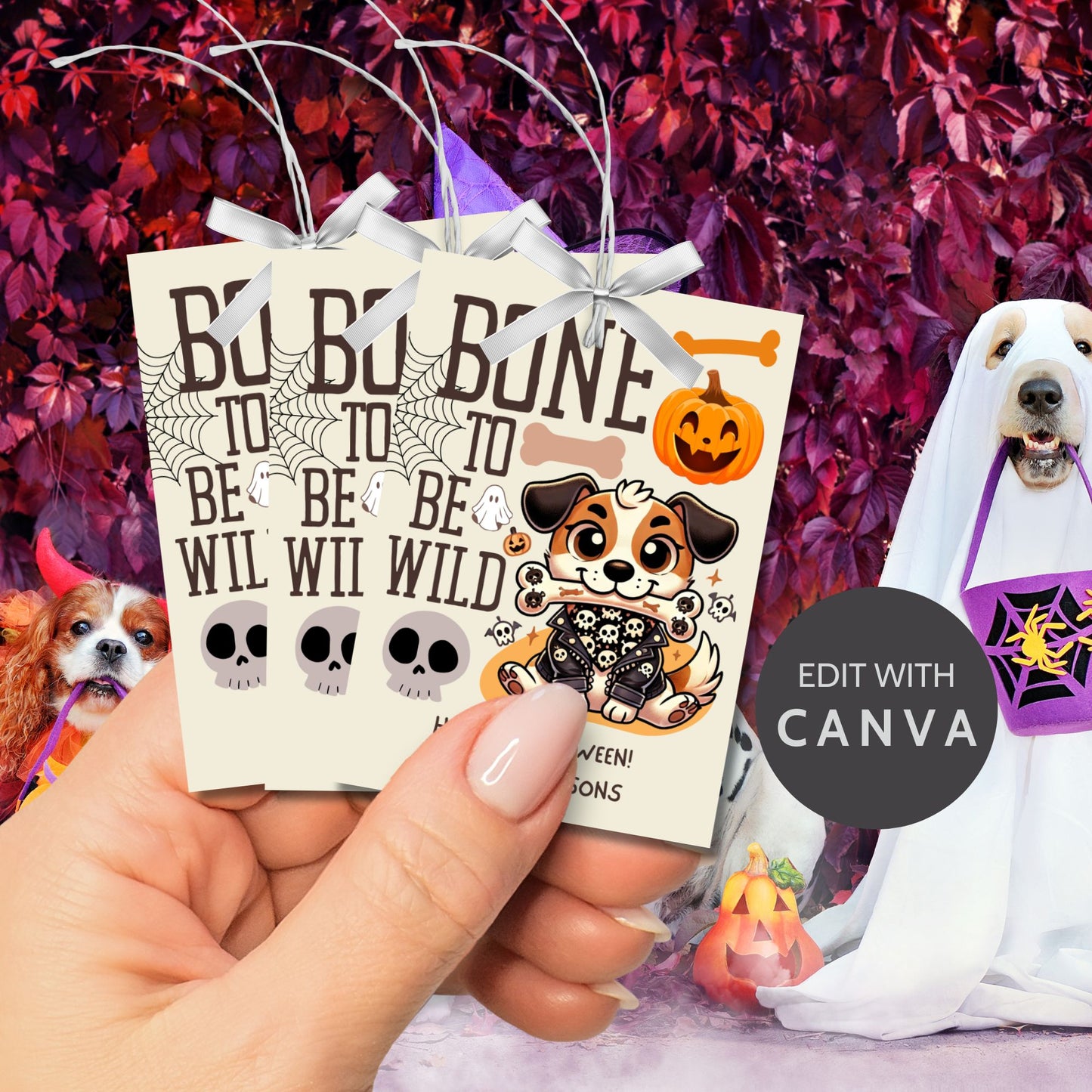 Printable dog-themed Halloween gift tags with the message "Bone to Be Wild." Featuring a playful dog in Halloween attire, these tags are 2.5 x 3.5 inches, laid out 8 per sheet on an 8.5 x 11-inch page. Includes a printable PDF and a PDF with a link to an editable Canva template.
