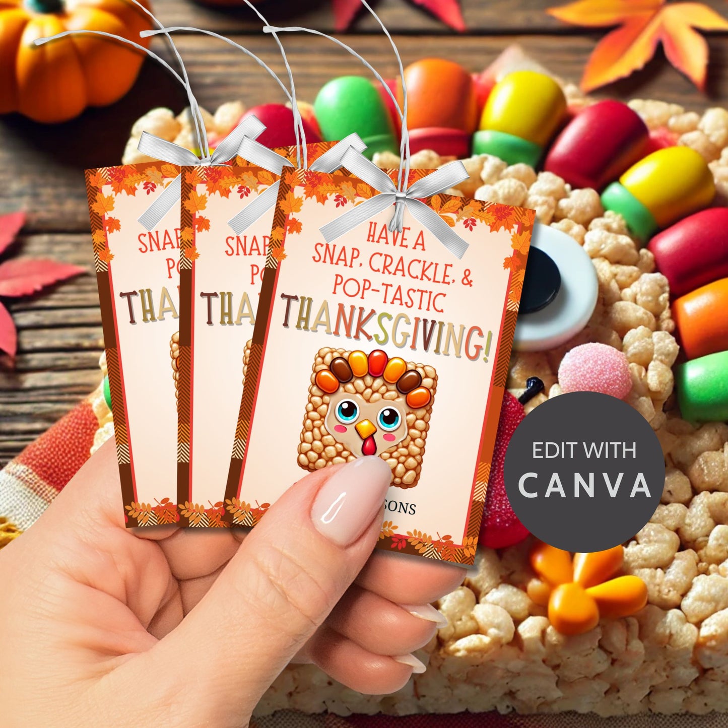 Printable Thanksgiving gift tags with a Rice Krispie turkey illustration and the message 'Have a Snap, Crackle, & Pop-tastic Thanksgiving!' surrounded by a festive fall border. Perfect for holiday treats and gifts.