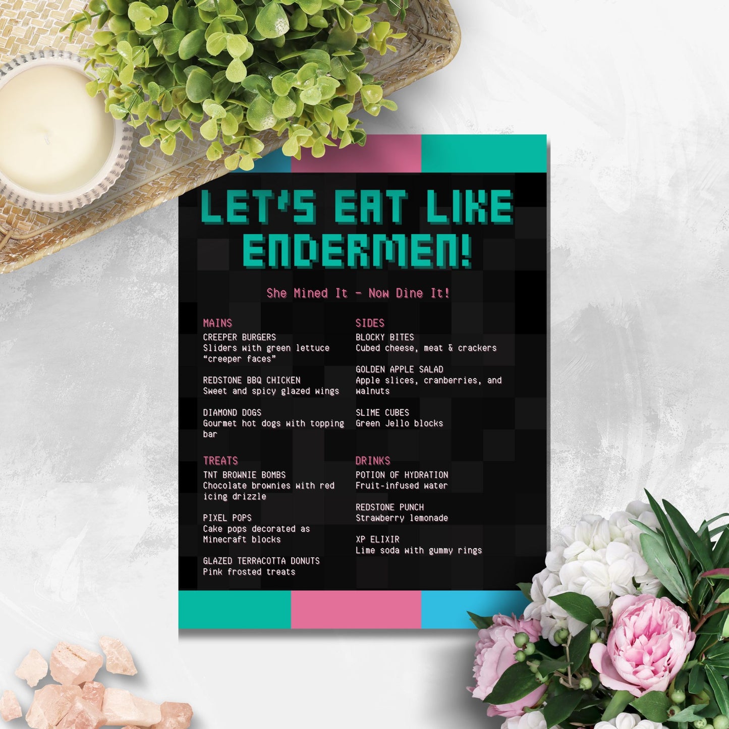 Editable Minecraft-themed menu template titled “Let’s Eat Like Endermen” with customizable tagline and food list. Pixel-style design, Canva editable, 8.5 x 11 inches.