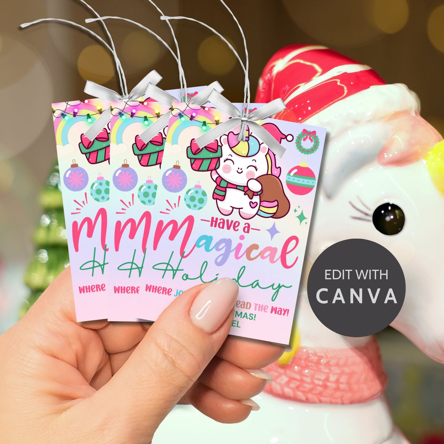 Unicorn-themed holiday gift tags with a pastel design featuring a festive unicorn carrying a gift sack, surrounded by rainbows and ornaments. Text reads 'Have a Magical Holiday.' Perfect for adding sparkle to Christmas presents.