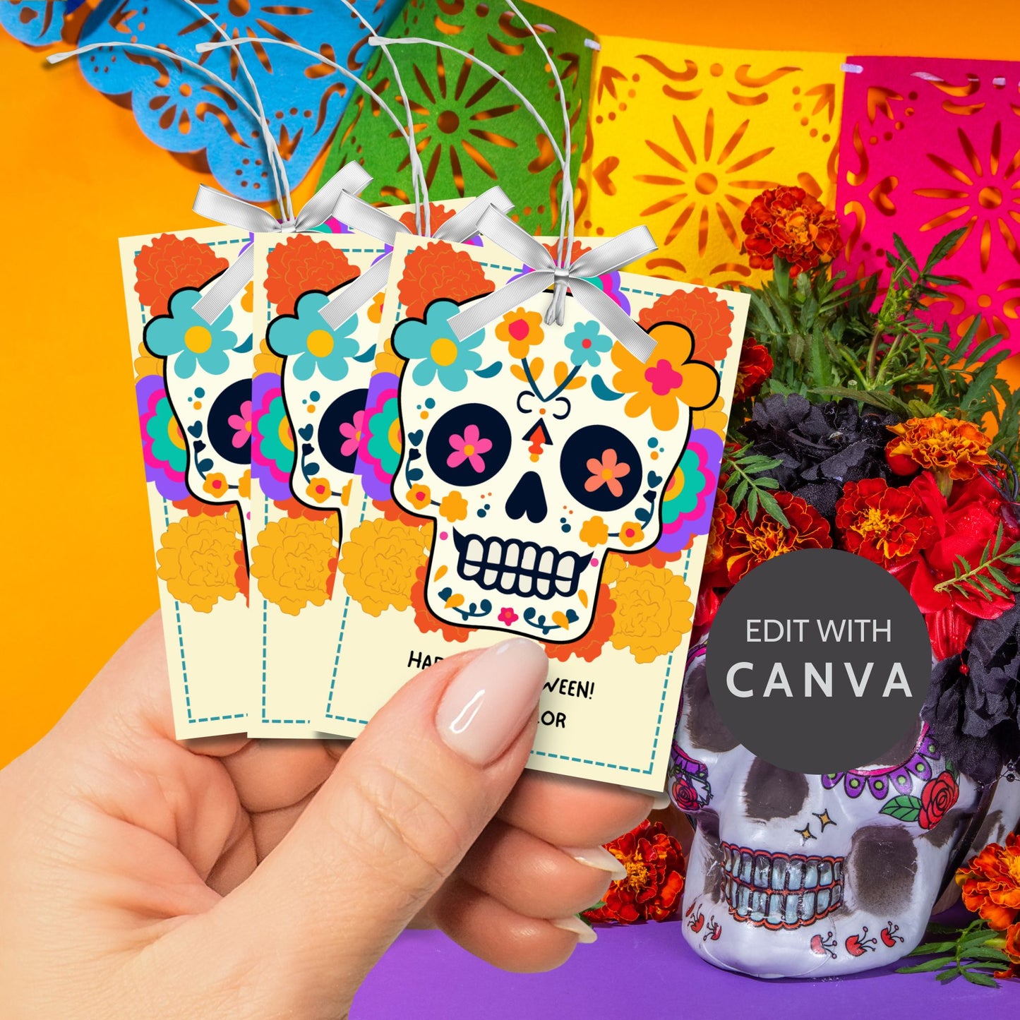Vibrant Día de los Muertos and Halloween gift tag featuring a colorful sugar skull with floral designs. Ideal for customizable and printable gift tags.