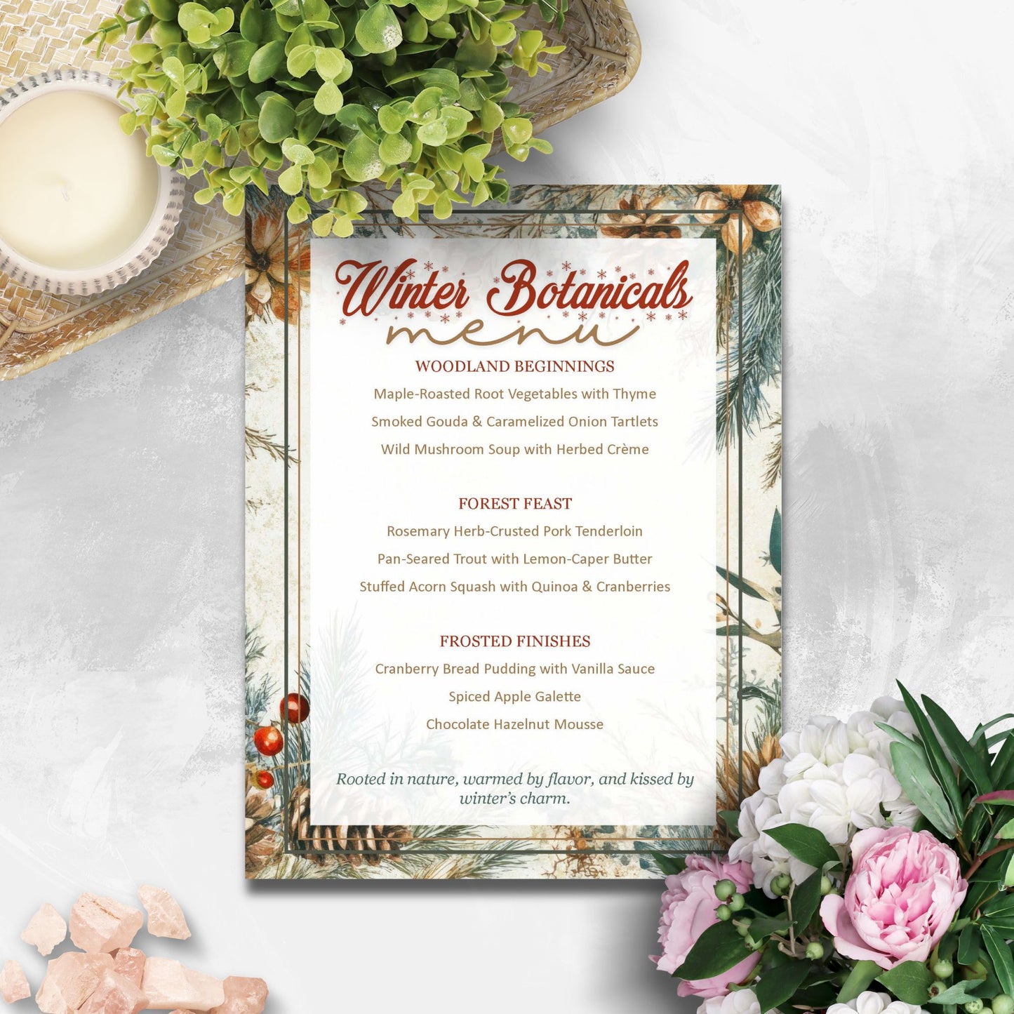 Winter Botanicals menu with floral and natural elements on a white surface