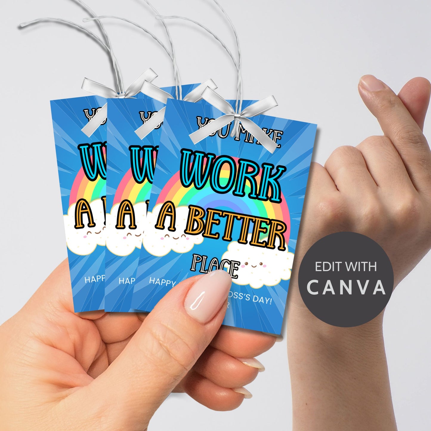 Editable National Boss's Day gift tags featuring a colorful rainbow and the message "You Make Work A Better Place." Each tag is 2.5 x 3.5 inches, 8 per sheet, with room for personalization.