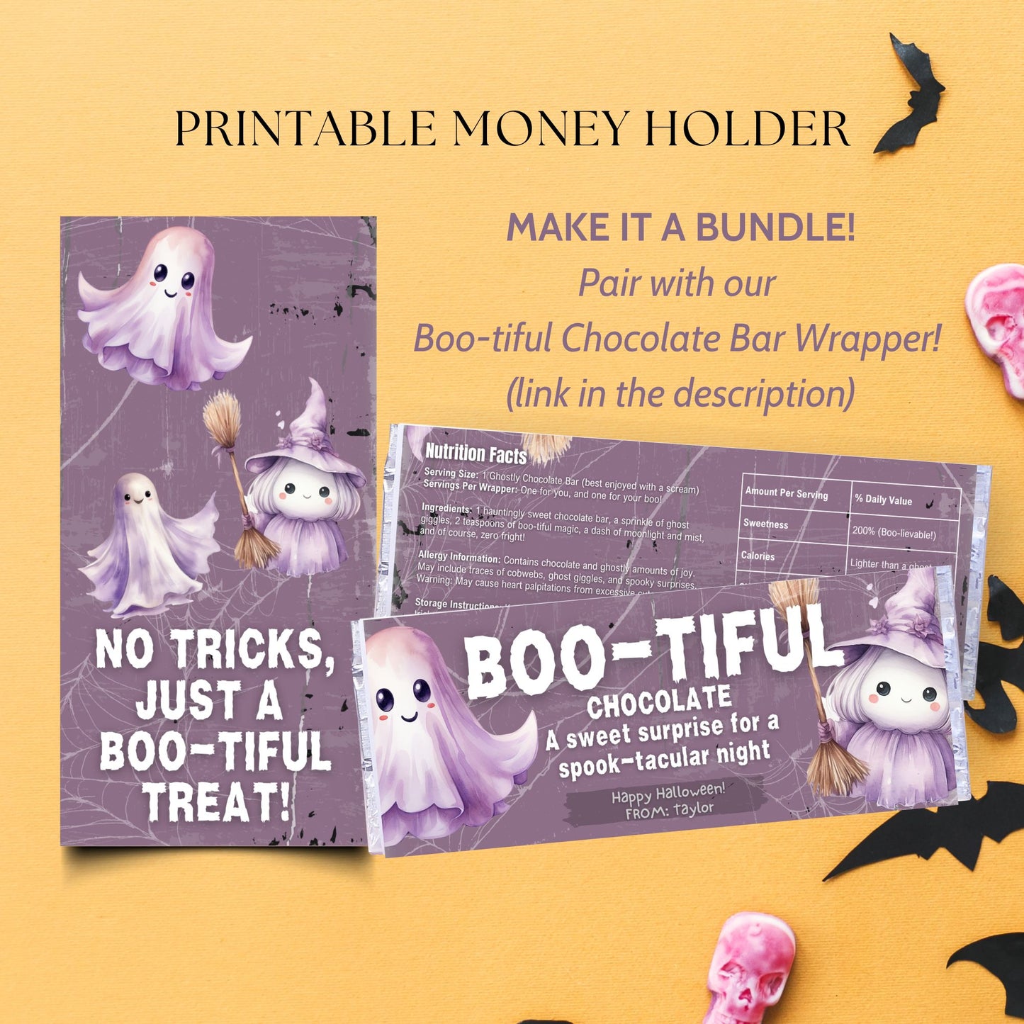 Halloween-themed printable money holder with ghost illustrations on a yellow background.