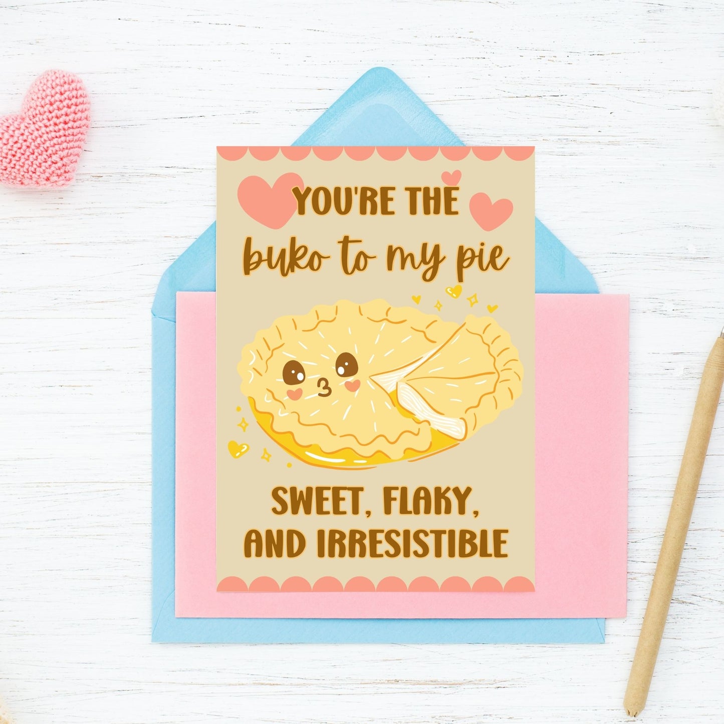 Printable Valentineās Day card featuring the phrase āYou're the Buko to My Pieā with a Filipino Buko Pie-inspired design. Designed as a 5x7 PDF on an 8.5 x 11 sheet with two cards per page. A punny and heartfelt Valentineās card for Filipino food lovers.