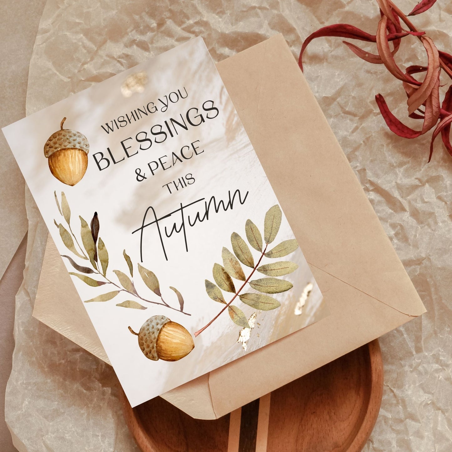 Printable Fall Greeting Card featuring a peaceful autumn design with the message 'Wishing You Blessings and Peace This Autumn.'