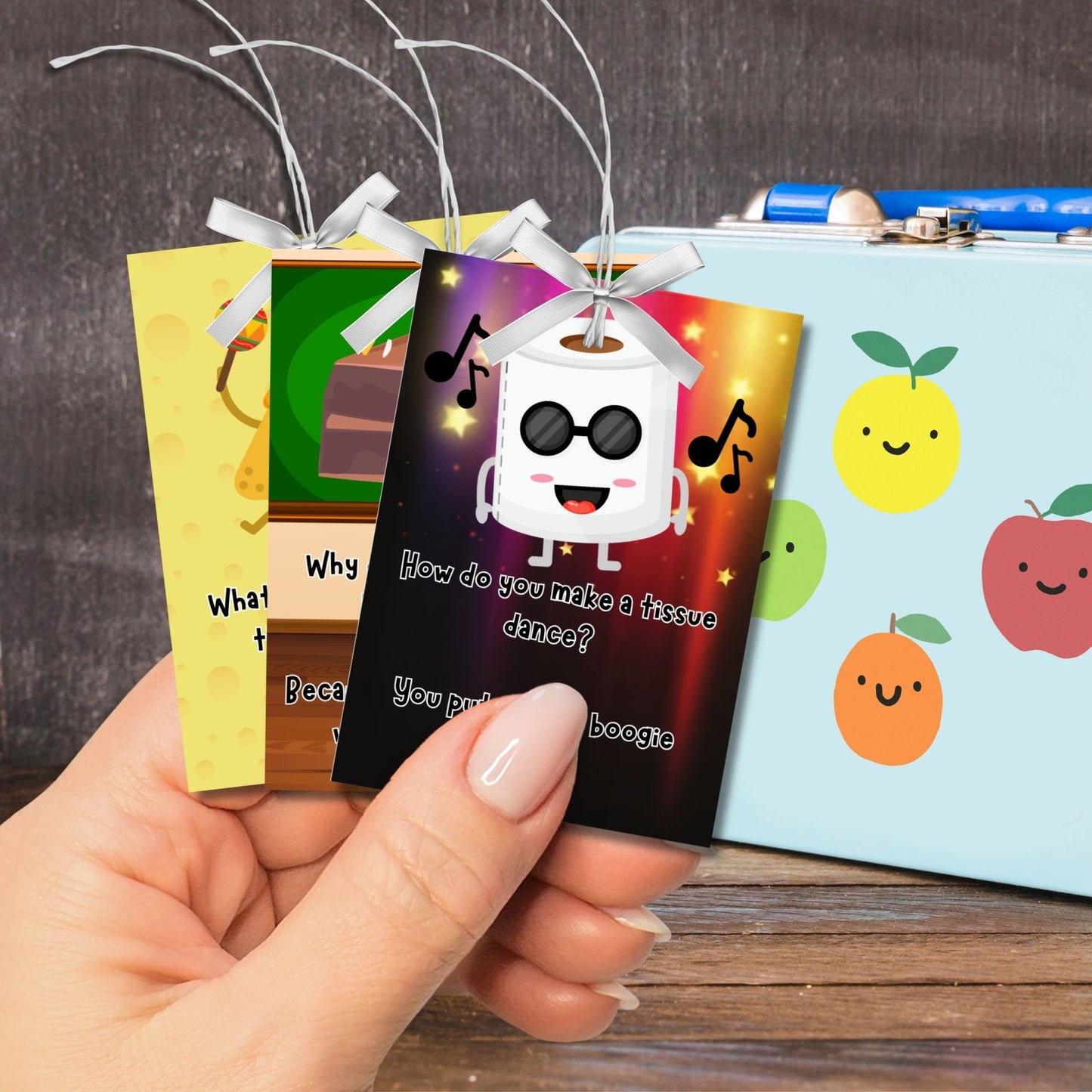 A collection of 16 colorful and funny printable lunch box notes with jokes, perfect for adding humor to a child's lunchtime.