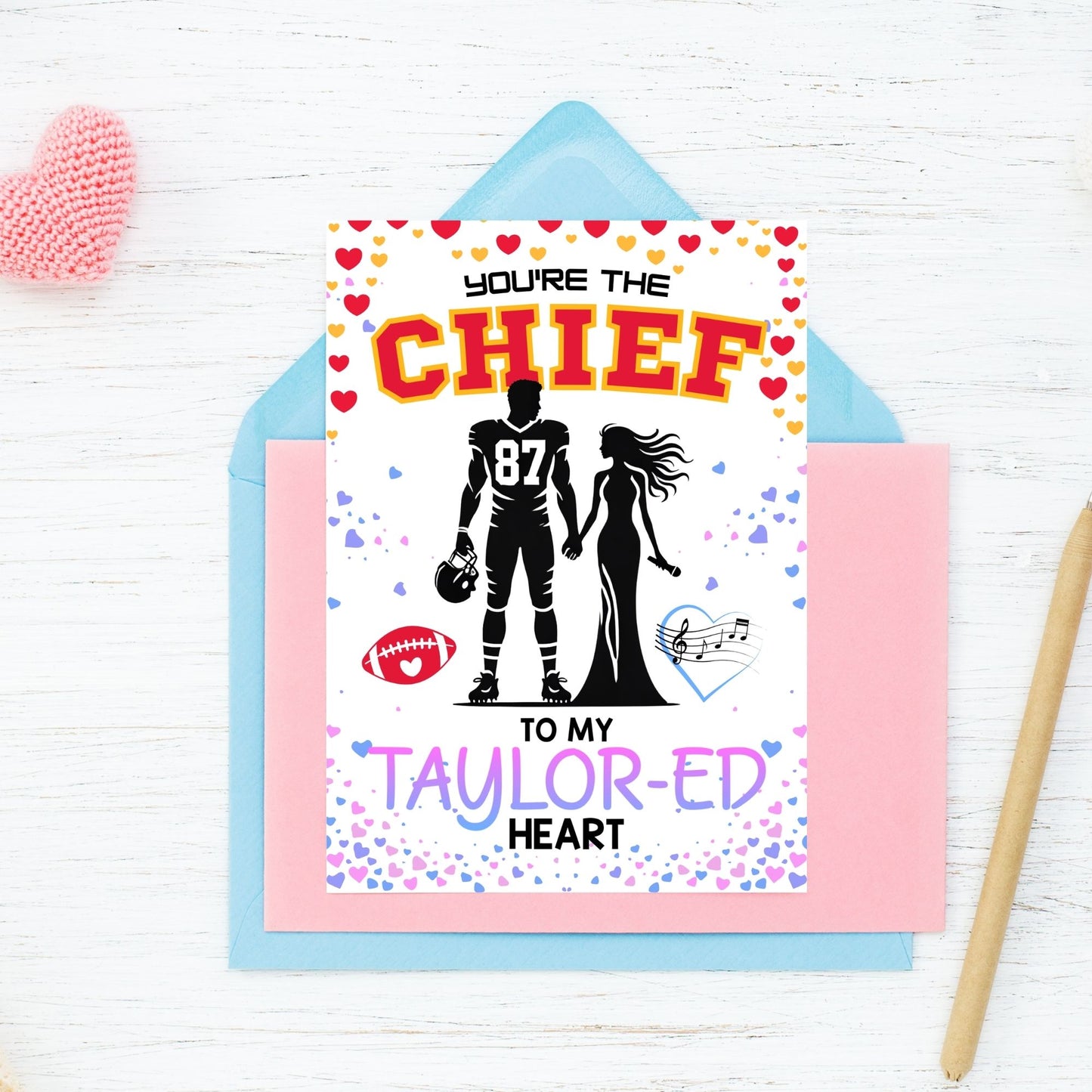 Printable Valentineās Day card featuring the phrase āYouāre the Chief to My Taylored Heartā inspired by Taylor Swift and Travis Kelce. Designed as a 5x7 PDF on an 8.5 x 11 sheet with two cards per page. Perfect for Swifties and football fans!