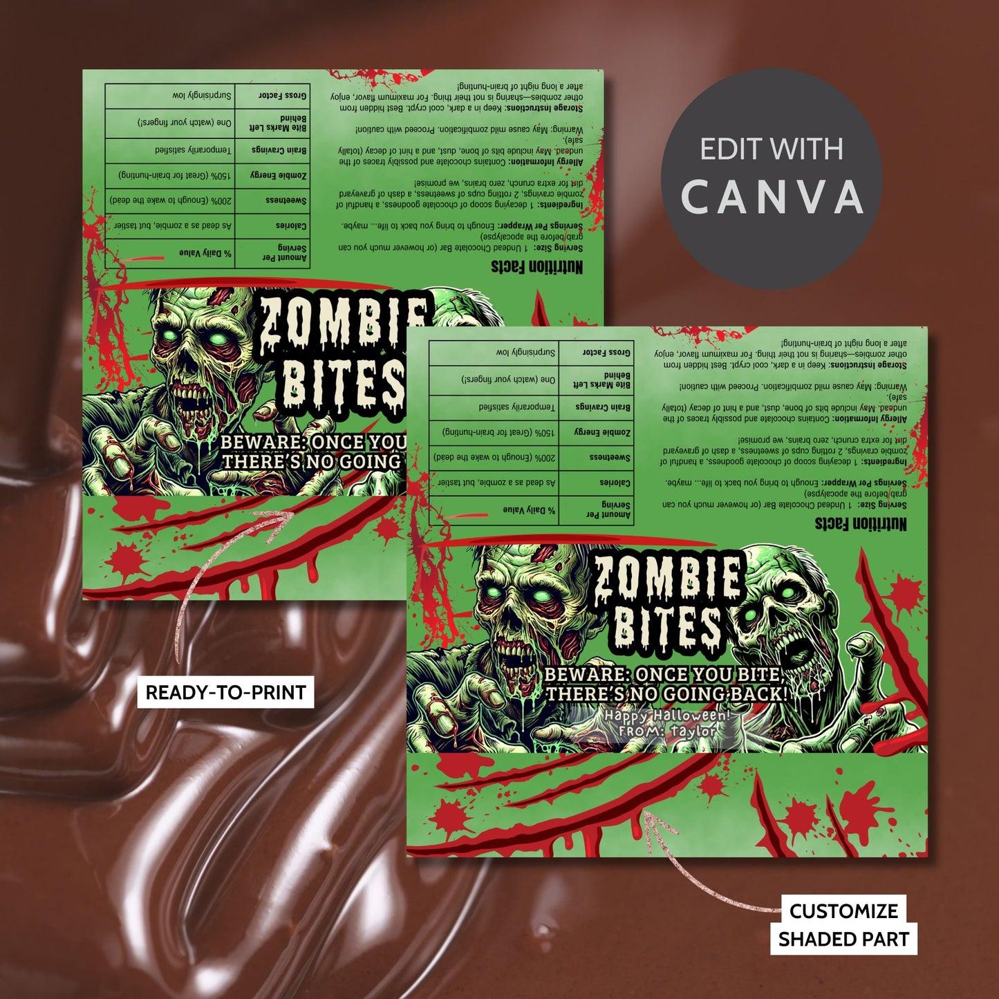 Printable and editable zombie-themed Halloween chocolate bar wrapper featuring a scary zombie design, perfect for trick-or-treat and spooky parties.
