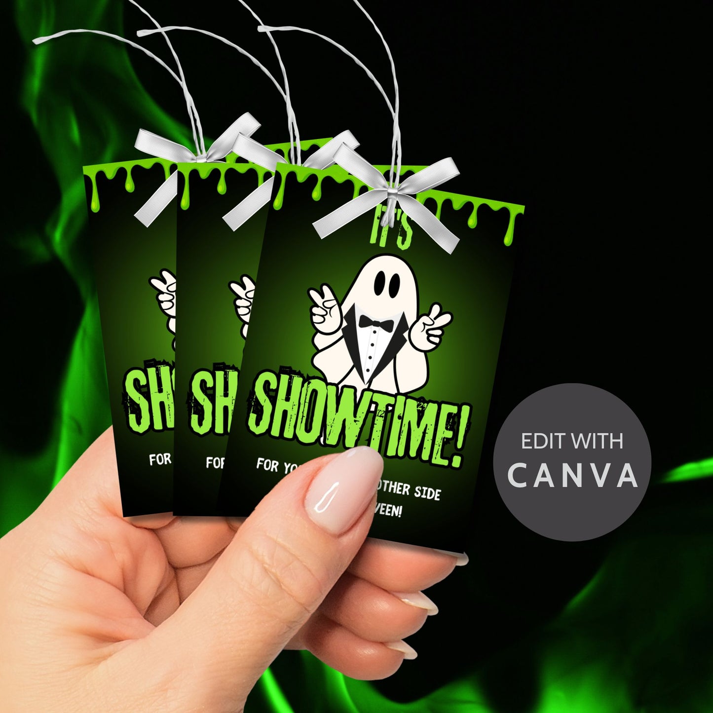Halloween gift tag design inspired by Beetlejuice with the phrase "It's Showtime!" featuring a ghost in a tuxedo on a green dripping goo background. Sized at 2.5 x 3.5 inches, these tags are laid out 8 per sheet, perfect for dressing up Halloween treats.