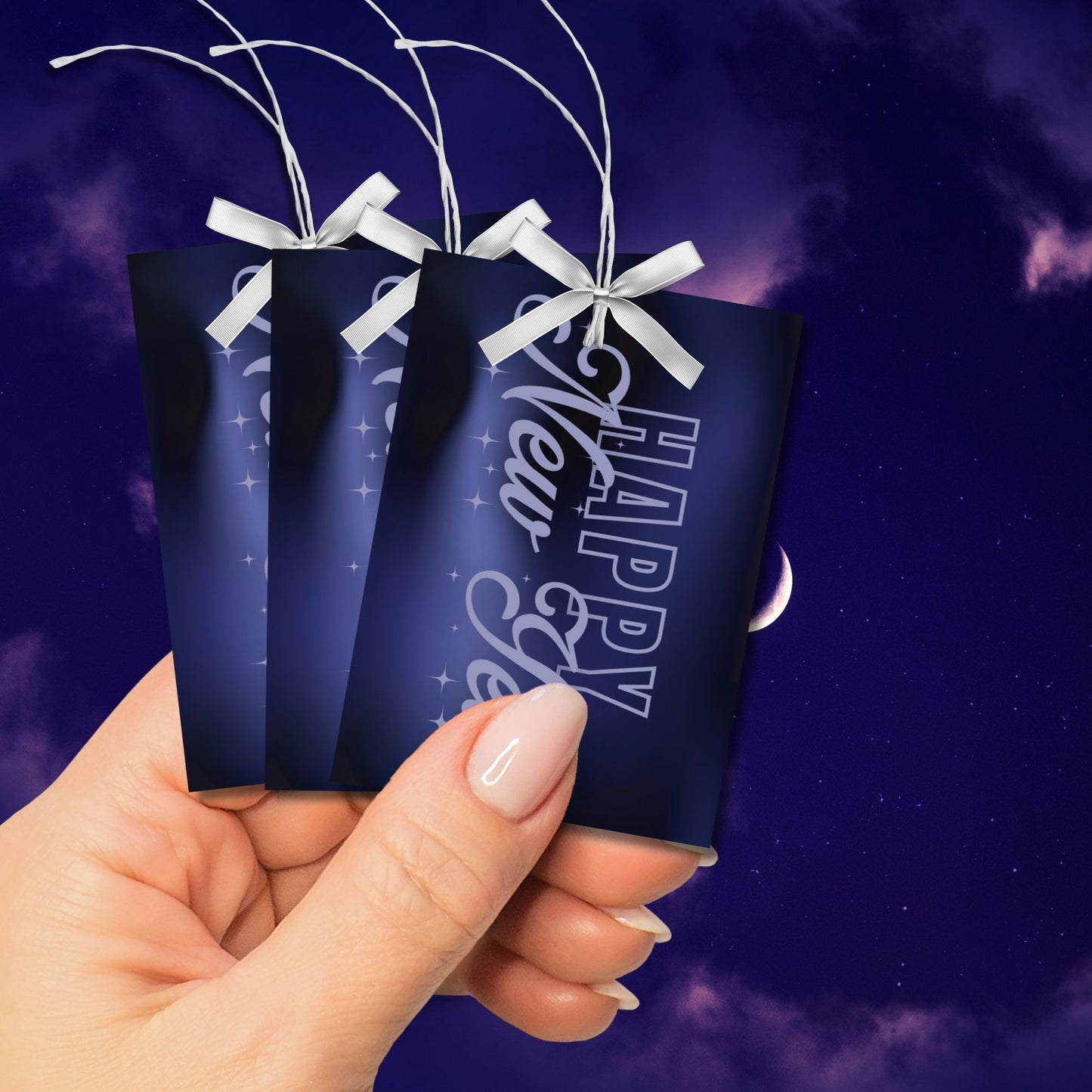Future Dusk Happy New Year gift tags featuring the 2025 Color of the Year, with sleek midnight blue gradient and modern typography, perfect for holiday gifting. Printable, 2.5 x 3.5 inches, 8 per sheet.
