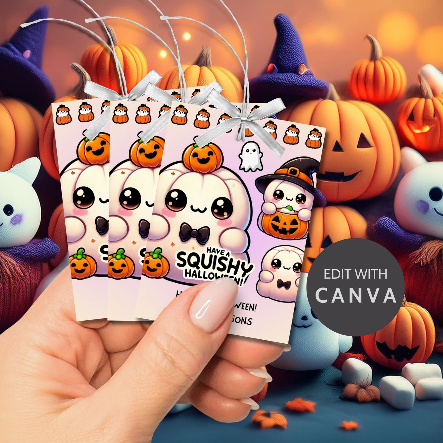 Adorable Halloween-themed printable gift tags featuring cute Squishmallow-style pumpkins and ghosts. The tag reads "Have a Squishy Halloween!" Perfect for Halloween treats, sized 2.5 x 3.5 inches, laid out 8 per sheet. Includes a printable PDF and a link to an editable Canva template.