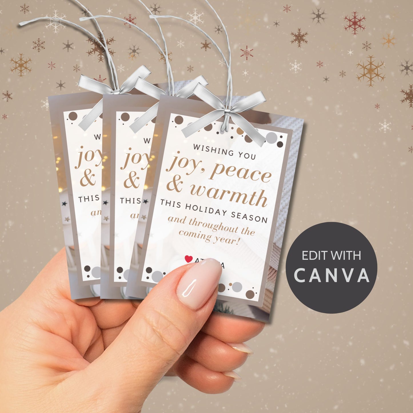 A set of eight printable and editable Christmas gift tags featuring a warm Beige Winter Delight palette with golden accents and a festive message. Perfect for elegant, minimalist gift wrapping. Each tag measures 2.5 x 3.5 inches, laid out on an 8.5 x 11-inch sheet.