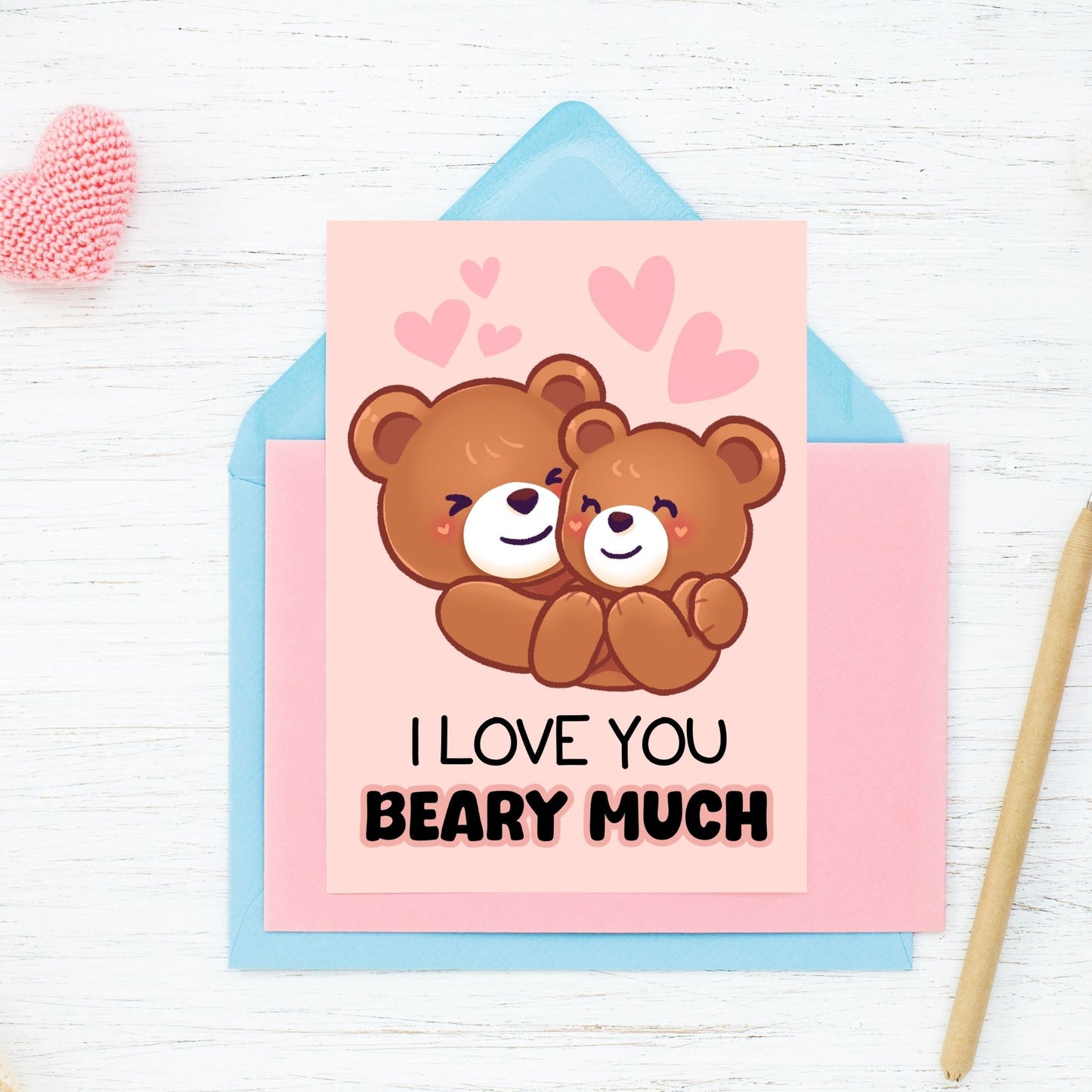 Printable Valentineās Day Greeting Card featuring the pun āI Love You Beary Much.ā Designed as a 5x7 PDF on an 8.5 x 11 sheet with two cards per page. A cute and heartfelt Valentineās card for loved ones.