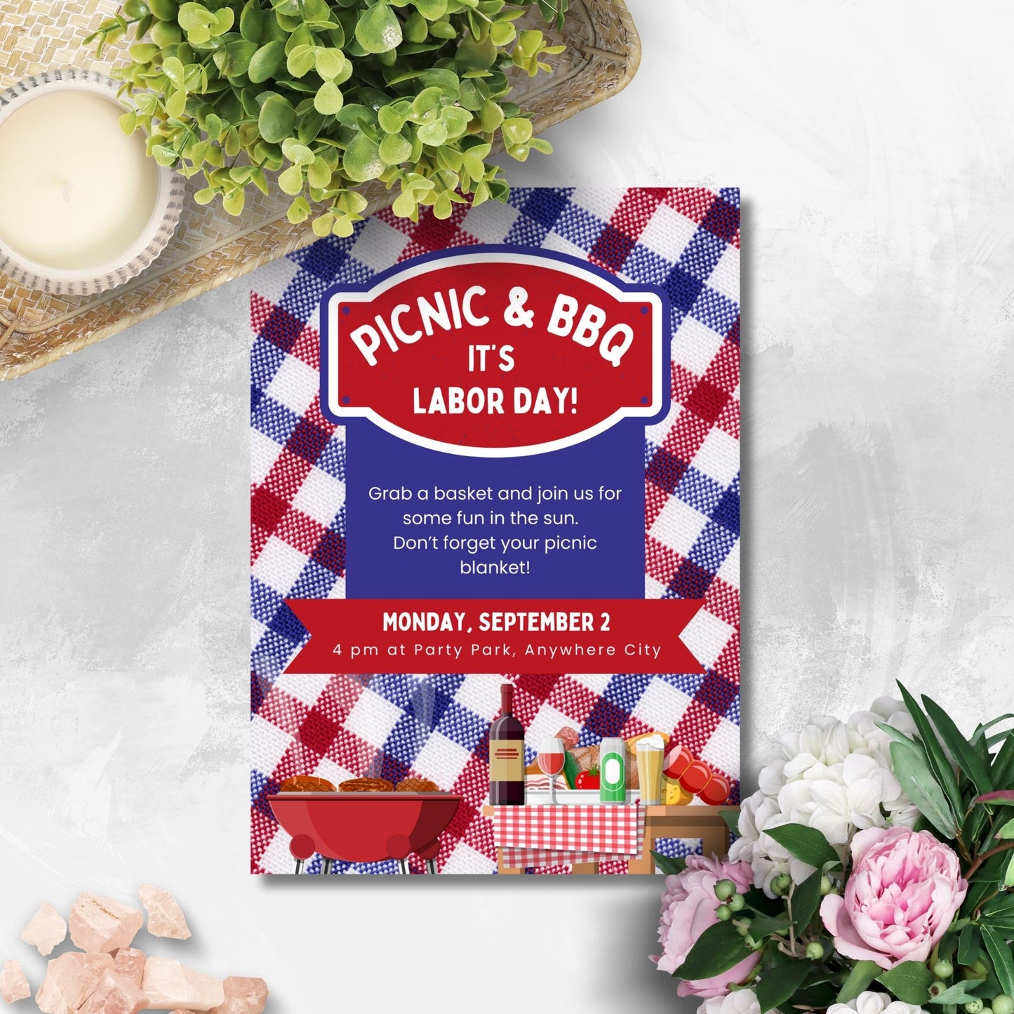 Picnic-themed Labor Day BBQ invitation featuring a red, white, and blue checkered blanket design with BBQ and picnic elements.