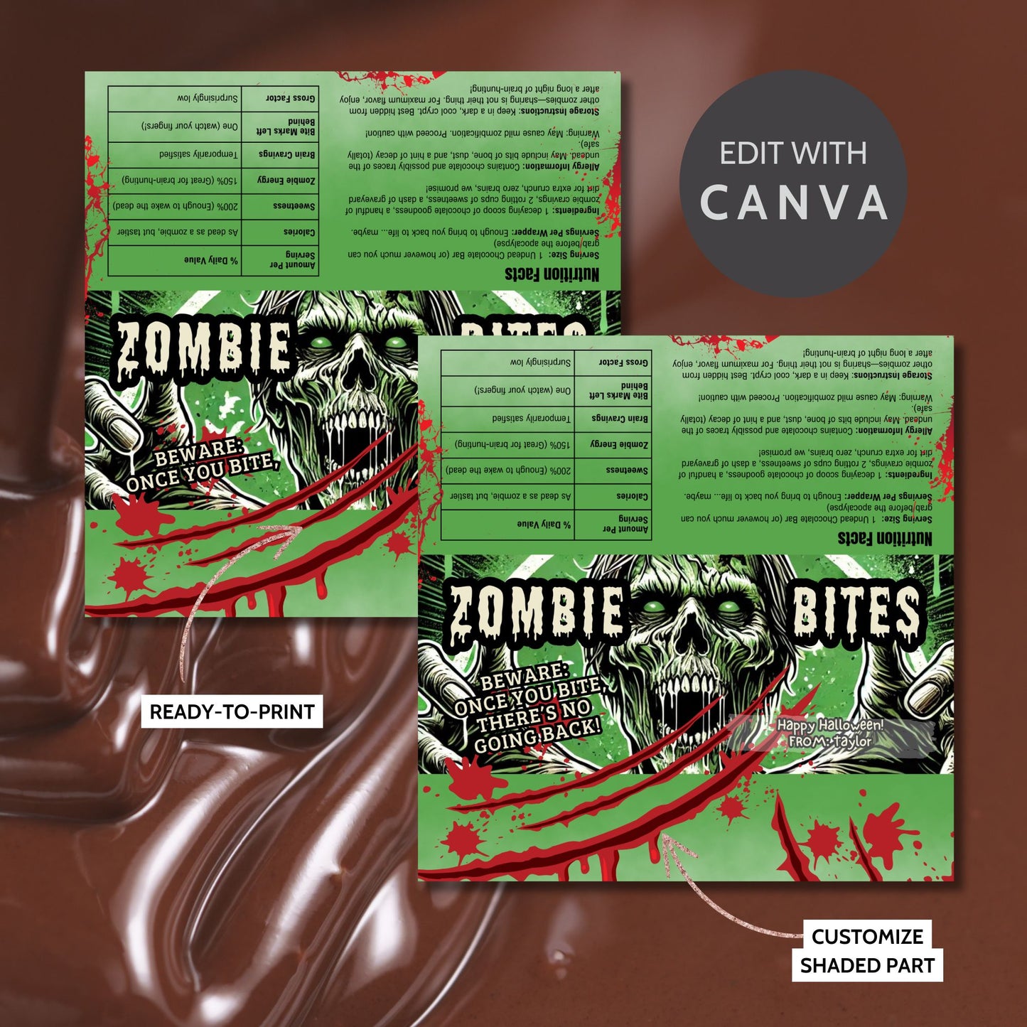 Printable and editable zombie-themed Halloween chocolate bar wrapper featuring a scary zombie design, perfect for trick-or-treat and spooky parties.