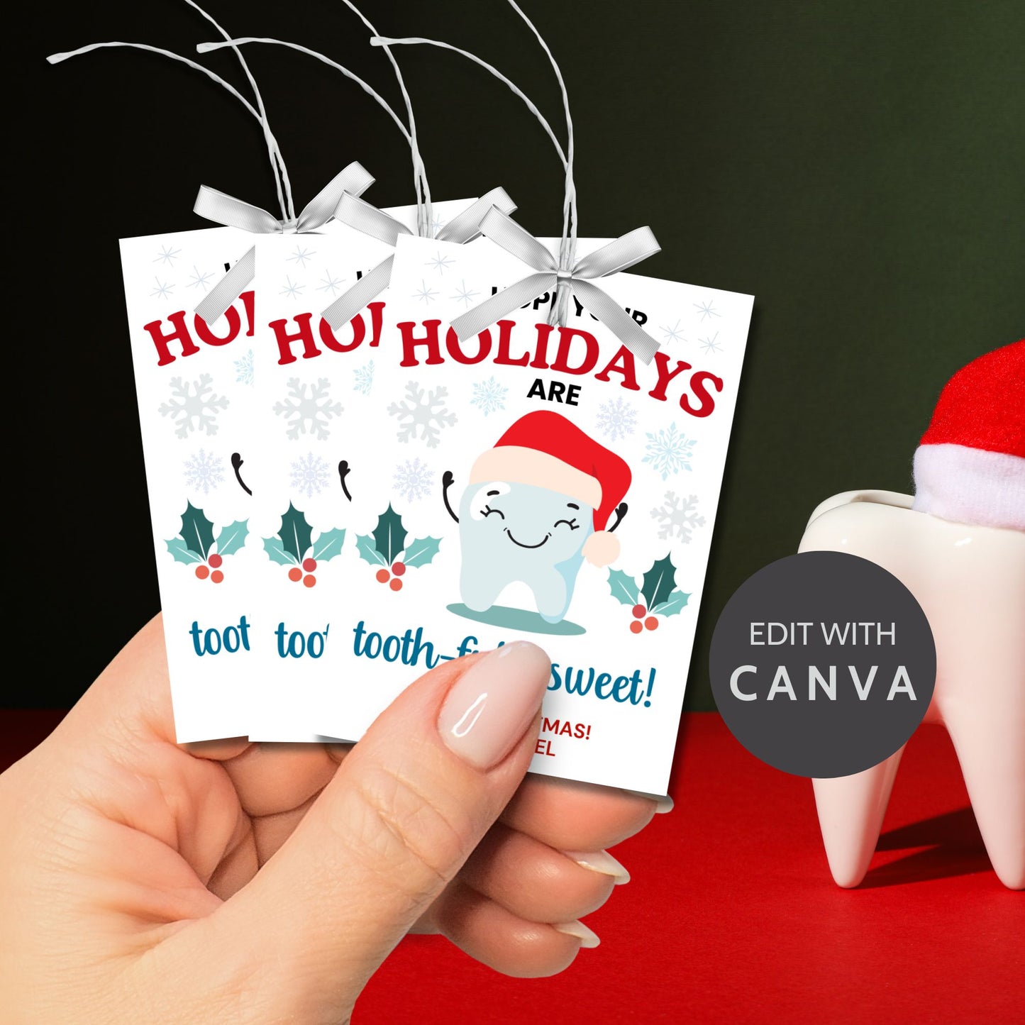 A festive gift tag featuring a cute tooth character in a Santa hat, with holly and snowflakes, perfect for dentist-themed holiday gifts.