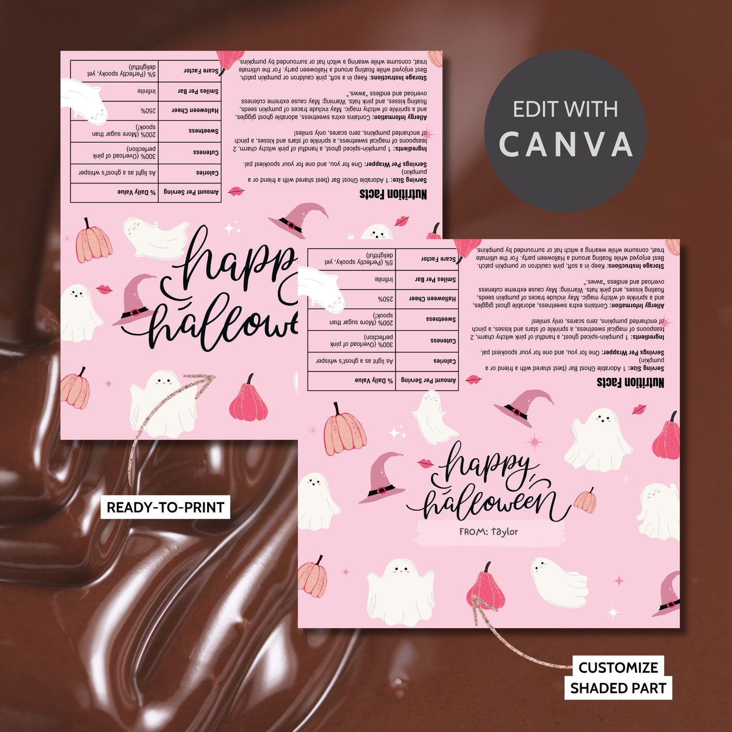 Printable and editable pastel pink Halloween chocolate bar wrapper featuring cute ghosts, pumpkins, and witch hats, perfect for a sweet and spooky Halloween.