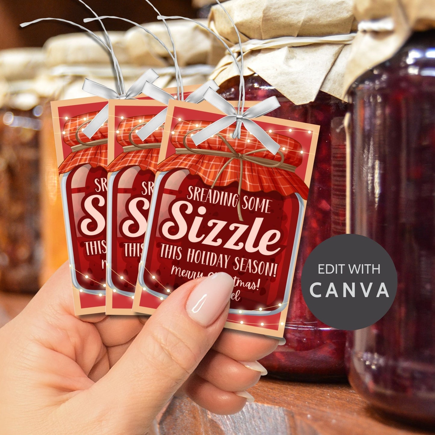 Printable "Spreading Some Sizzle This Holiday Season!" gift tags with a festive jar design, perfect for bourbon bacon jam or any spreadable treat. Includes printable PDF and editable Canva template.