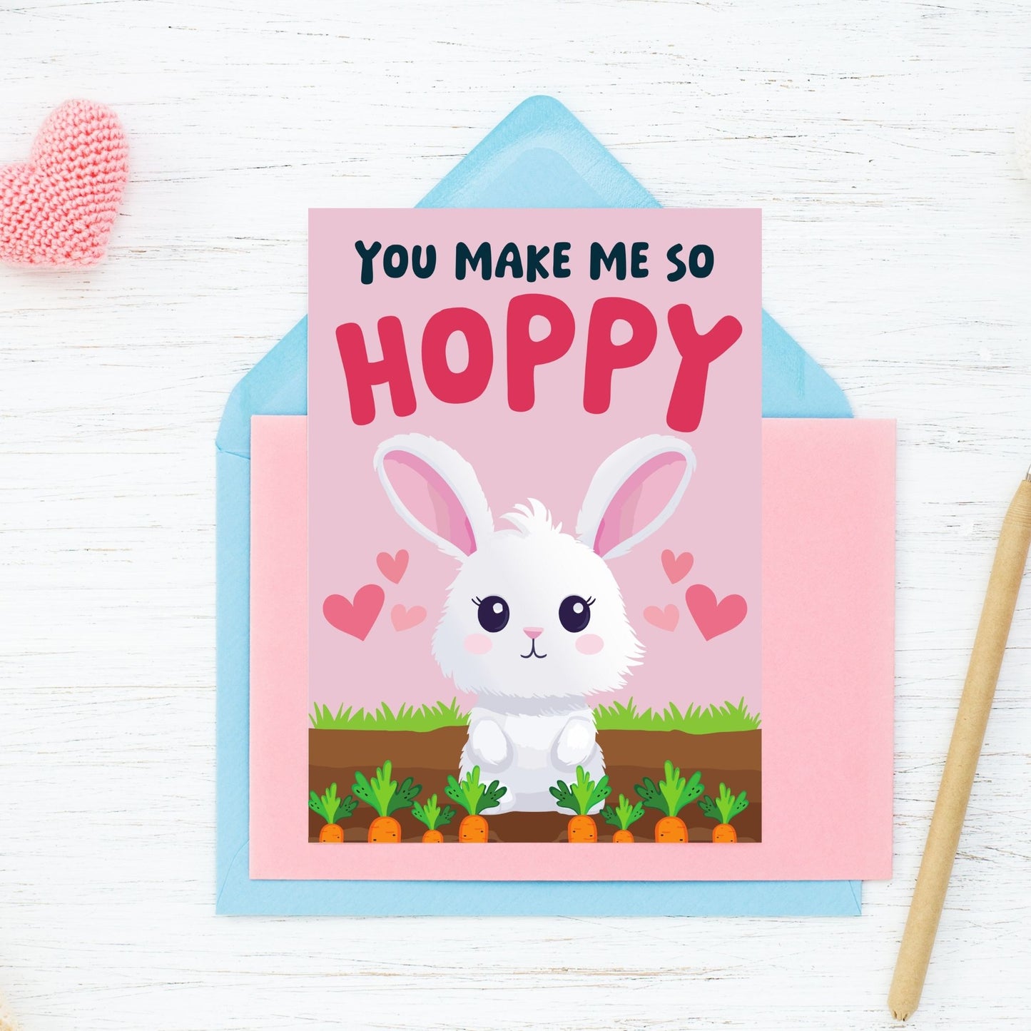 Printable Valentineās Day Greeting Card featuring the pun āYou Make Me So Hoppy.ā Designed as a 5x7 PDF on an 8.5 x 11 sheet with two cards per page. A fun and cute Valentineās card for bunny lovers.