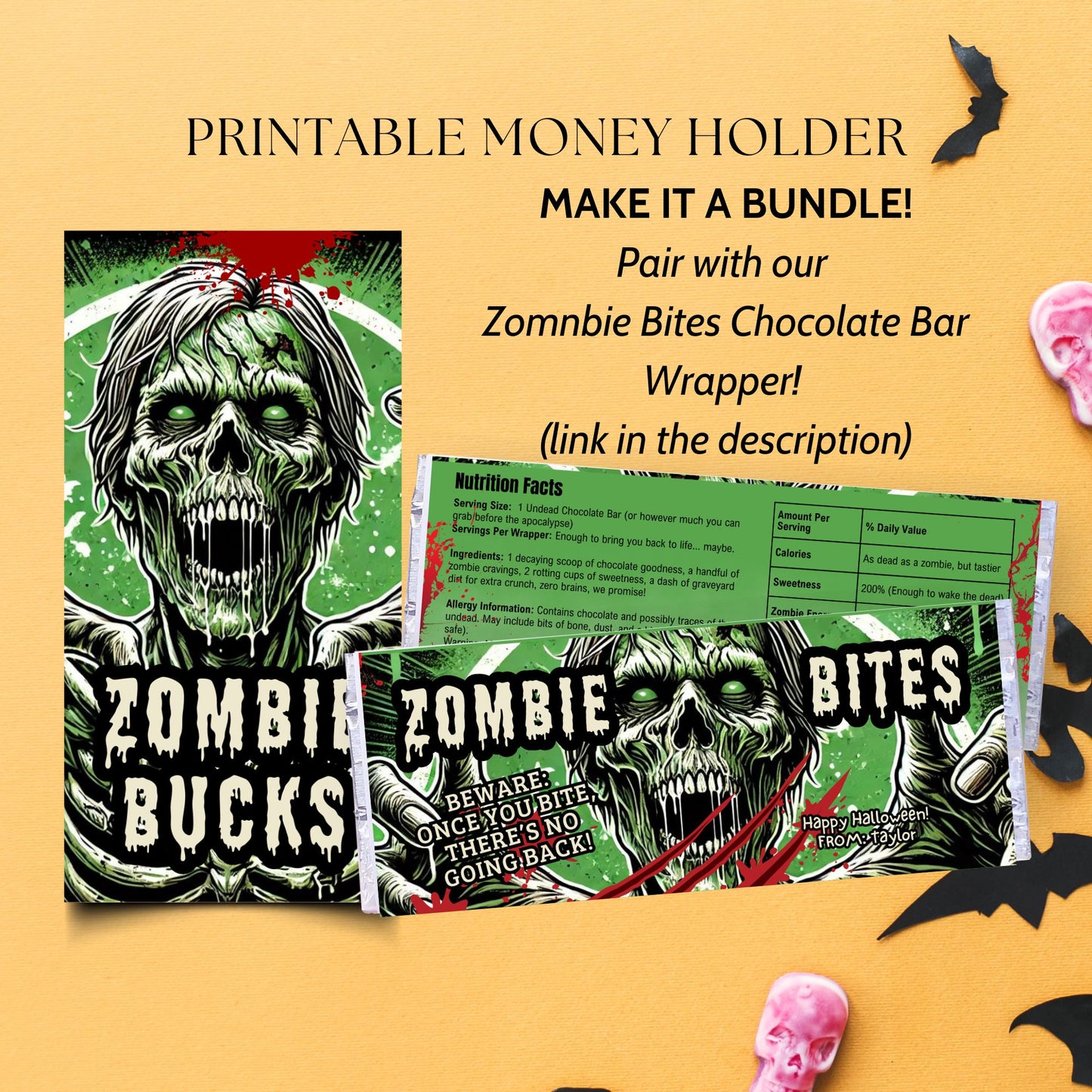 Zombie-themed printable money holder and chocolate bar wrapper on a Halloween-themed background with bats and skull decorations.