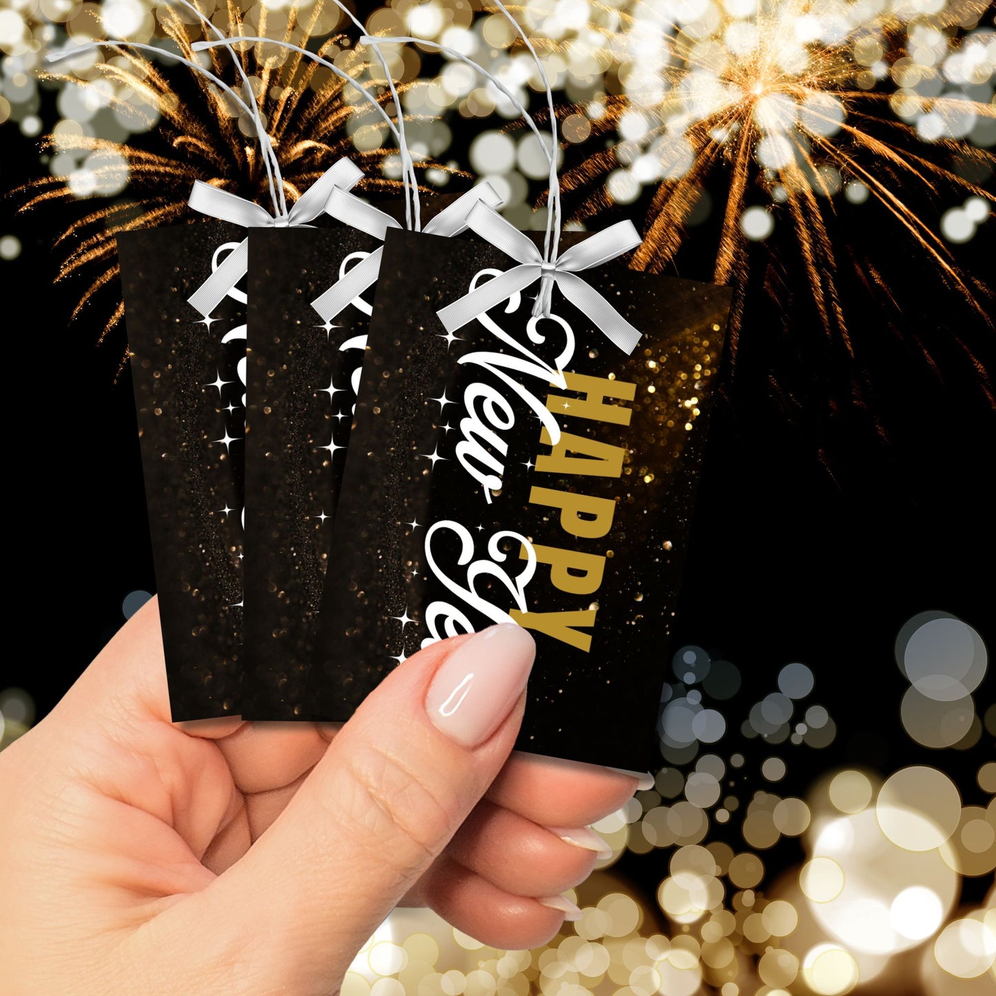 A set of ready-to-print New Year gift tags featuring bold gold and white lettering on a luxurious black background, adorned with sparkling gold effects. The "Happy New Year" message adds elegance and festivity to gift wrapping or event favors. Tags are 2.5 x 3.5 inches in size, perfect for classy celebrations.