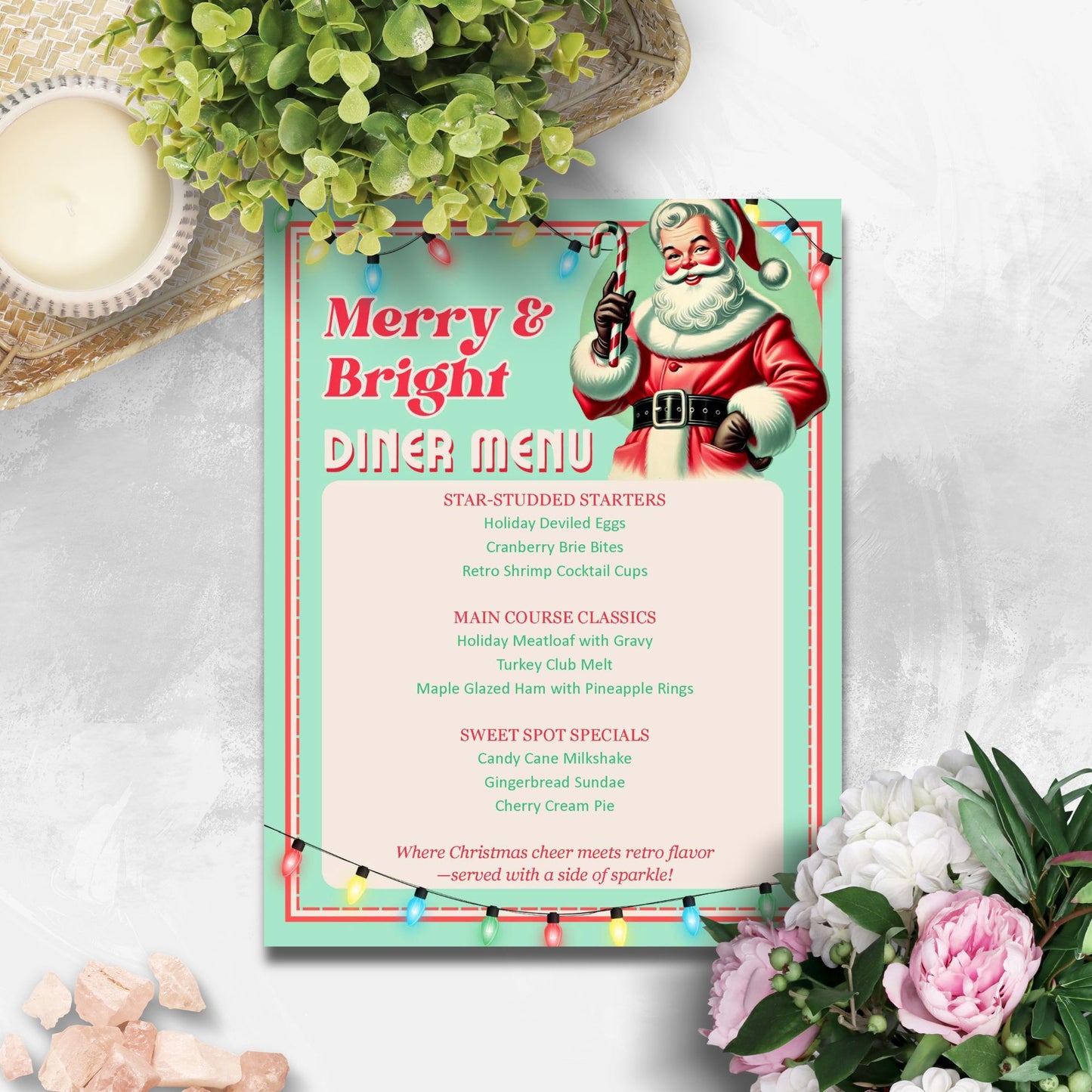 Christmas-themed diner menu with Santa Claus illustration on a light gray background with flowers and a bowl.
