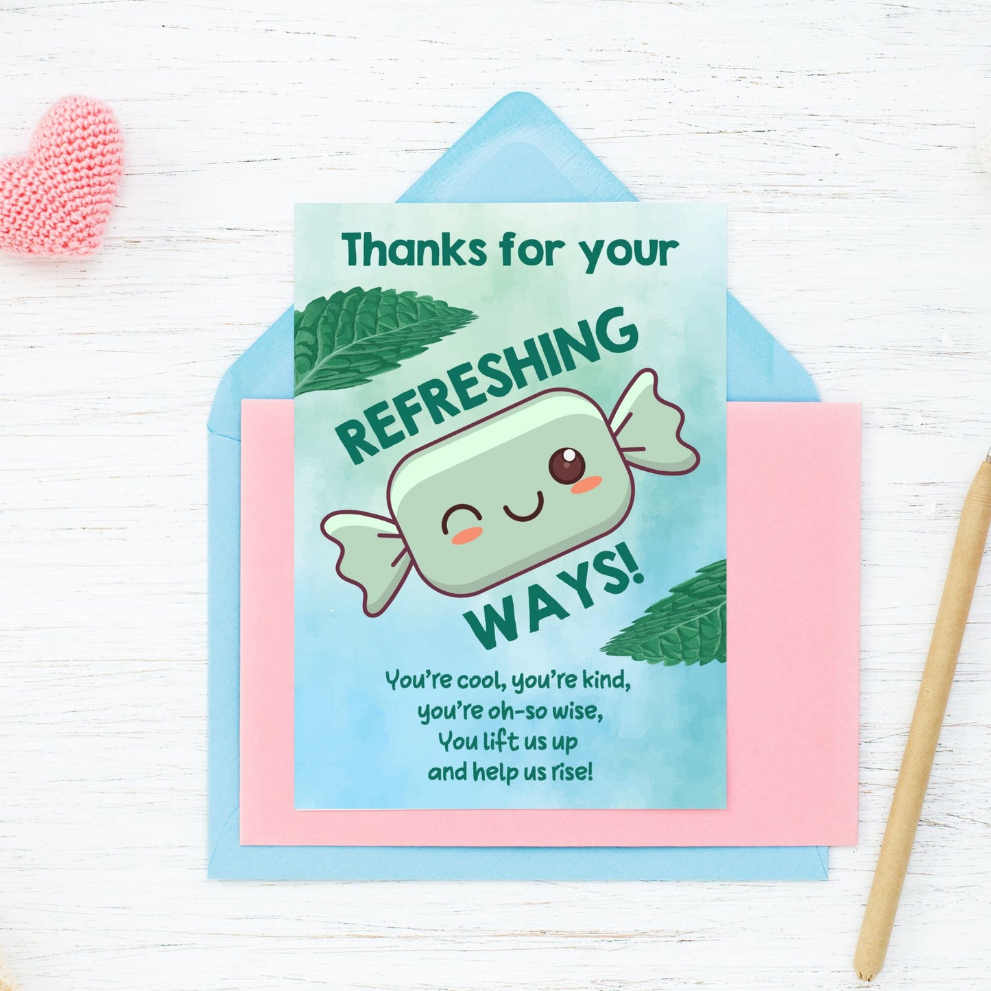 Printable card with a refreshing theme reading “Thanks for Your Refreshing Ways” – 5x7 digital thank-you card for teachers