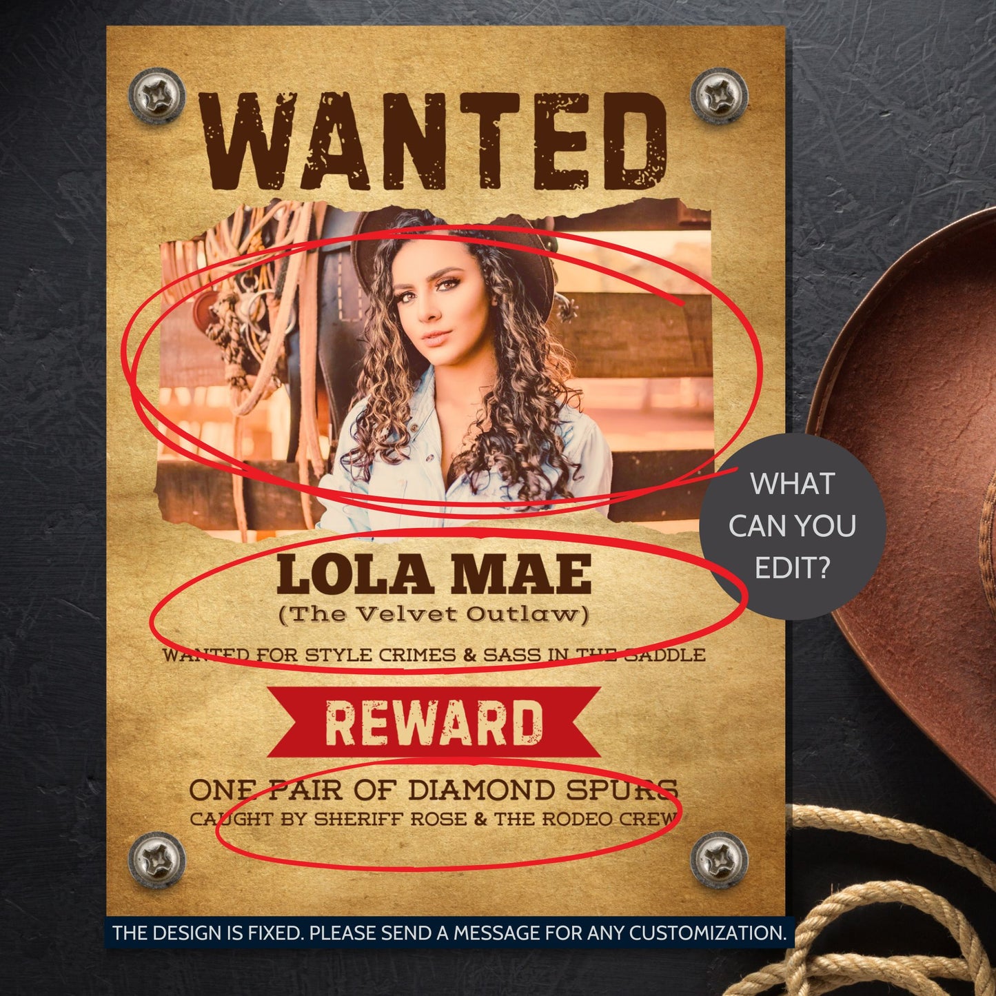 Editable Western WANTED poster template featuring a photo placeholder, customizable reward and name text, rustic parchment background, and bold western-style font