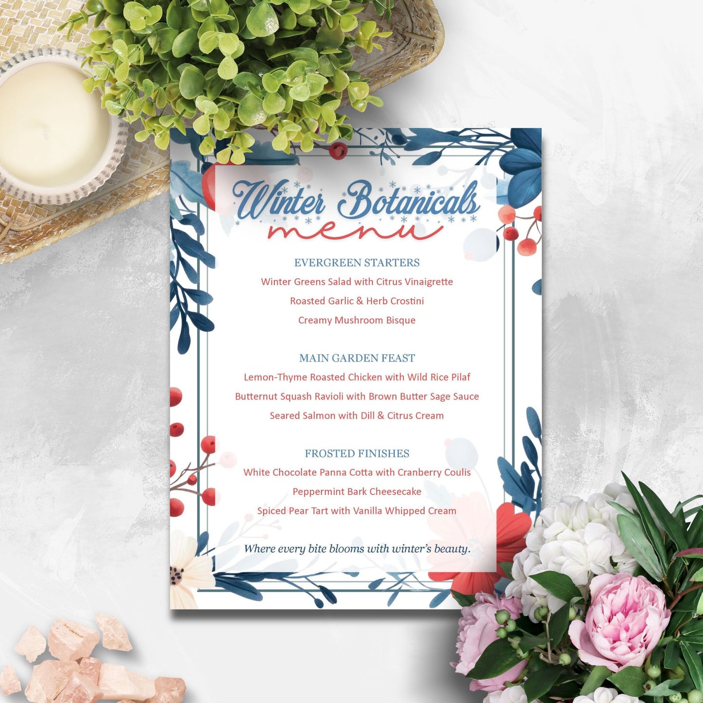 Winter Botanicals menu with floral design on a white surface with flowers and a bowl.
